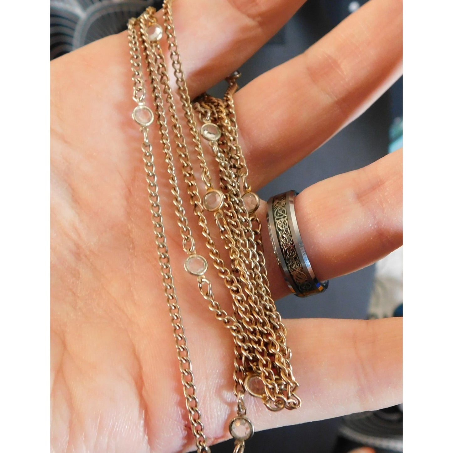 Simple Gold Tone Chain Necklace With Clear Gem Accents