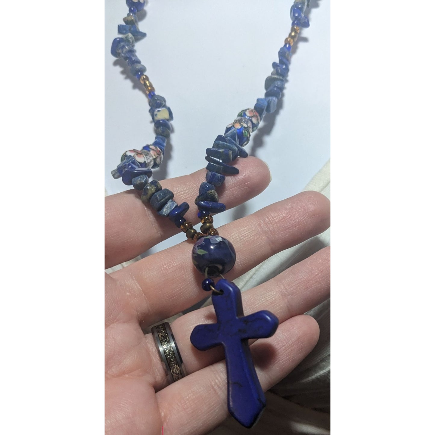 Blue Jasper Chip Cross Necklace