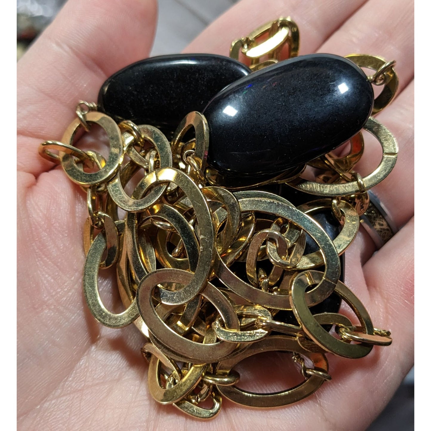 Vintage Glam Monet Gold Tone Station Necklace With Black Bead Accents