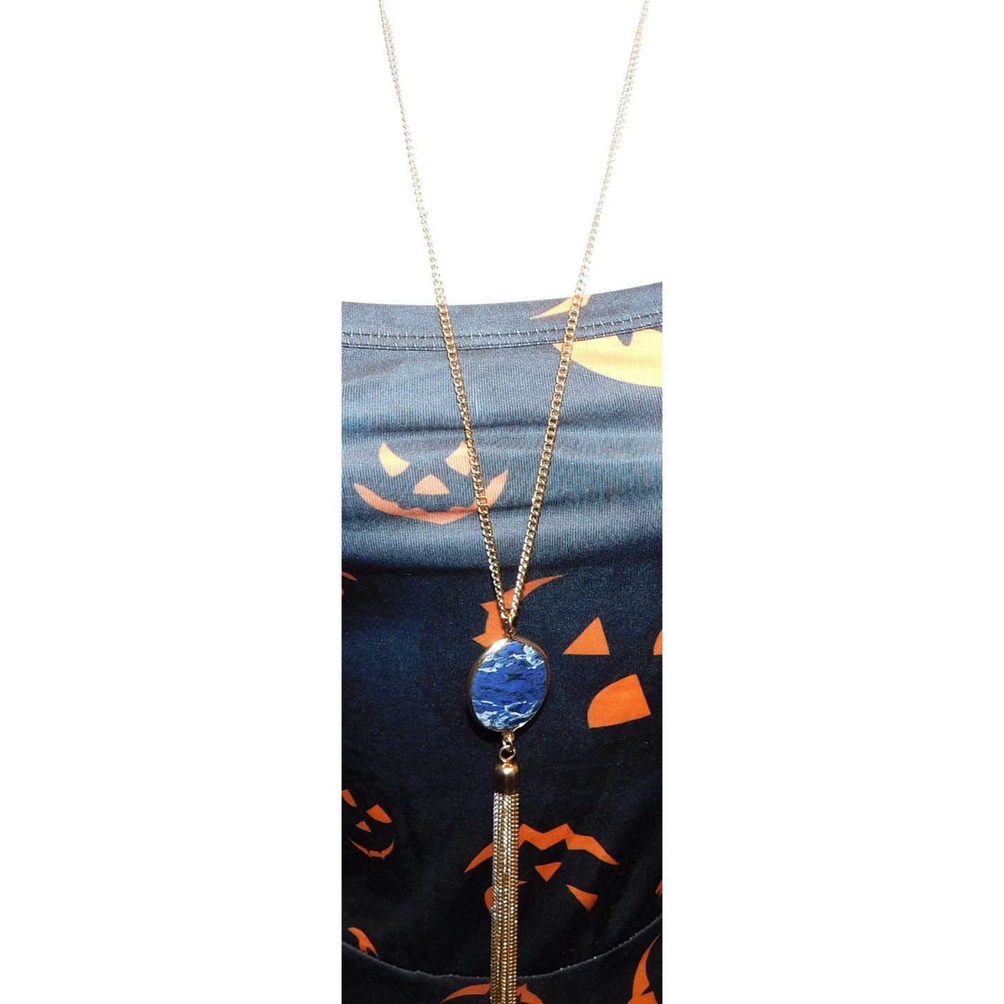 Bohemian Blue Gemmed Pendant Necklace With Gold Tone Chain Tassel