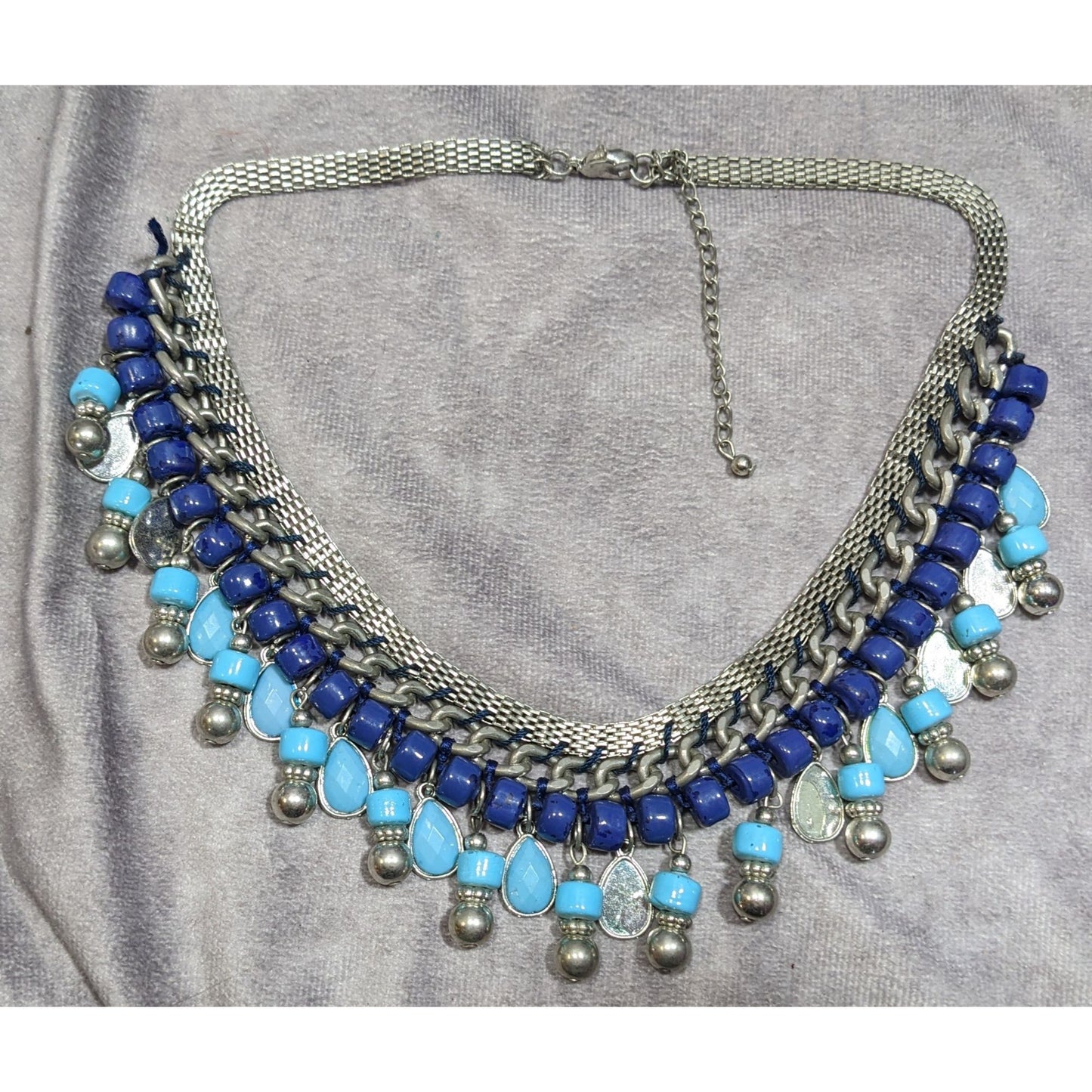 Bohemian Fringe Blue And Silver Tone Beaded Necklace