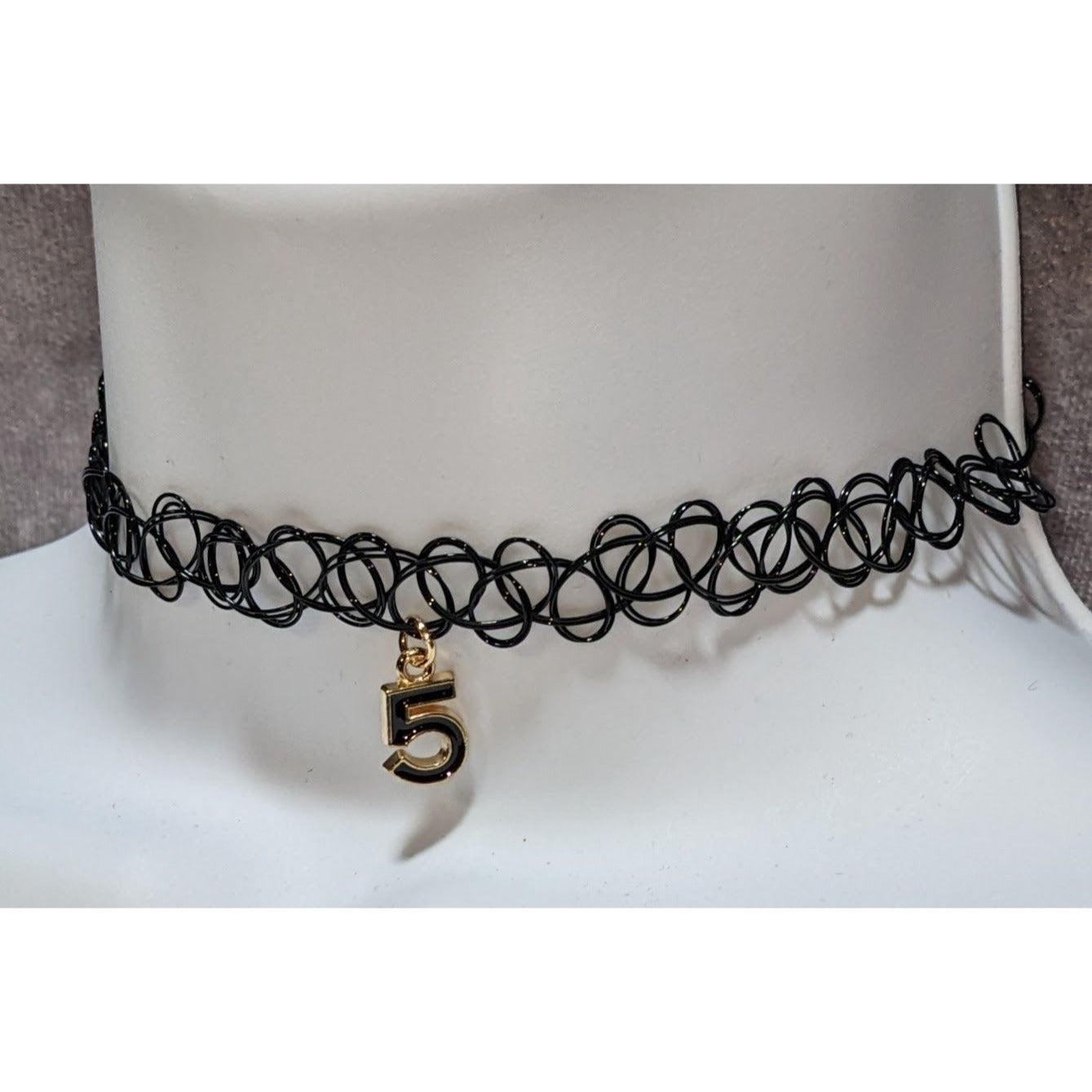 Black Stretchy Tattoo Choker Necklace With Gold Number 5 Charm Adjustable Fit 90s Style