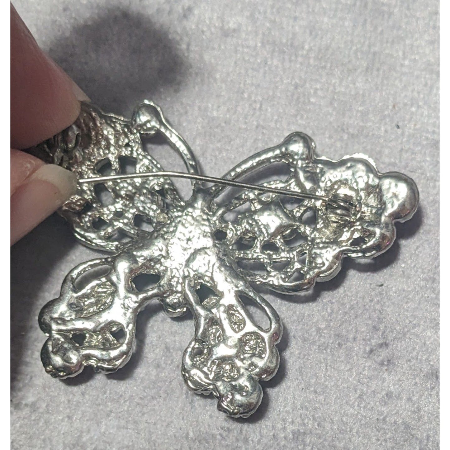 Fairycore Pink Gemmed Silver Tone Butterfly Brooch