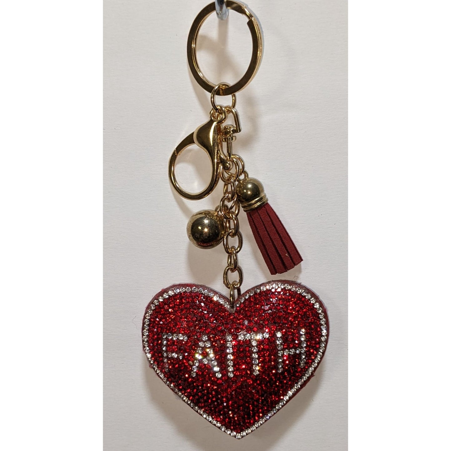 Rhinestone Heart "Faith" Keychain With Gold Accents & Tassel Charm