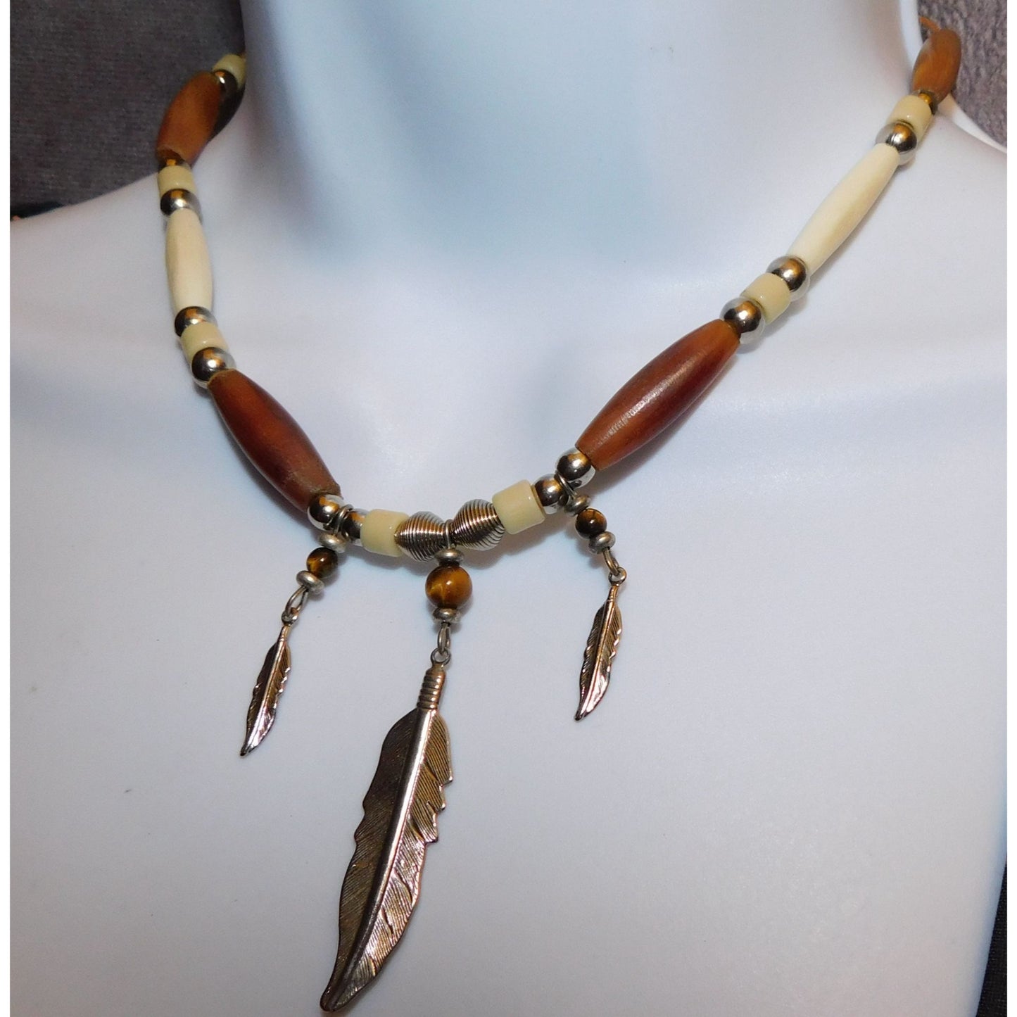Southwestern Beaded Triple Feather Necklace