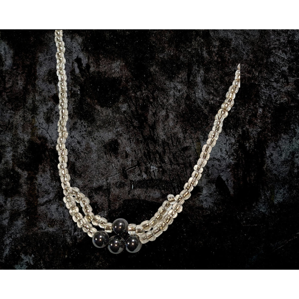 Minimalist Handmade Glass Clear Silver Black Beaded Necklace 20 Inch