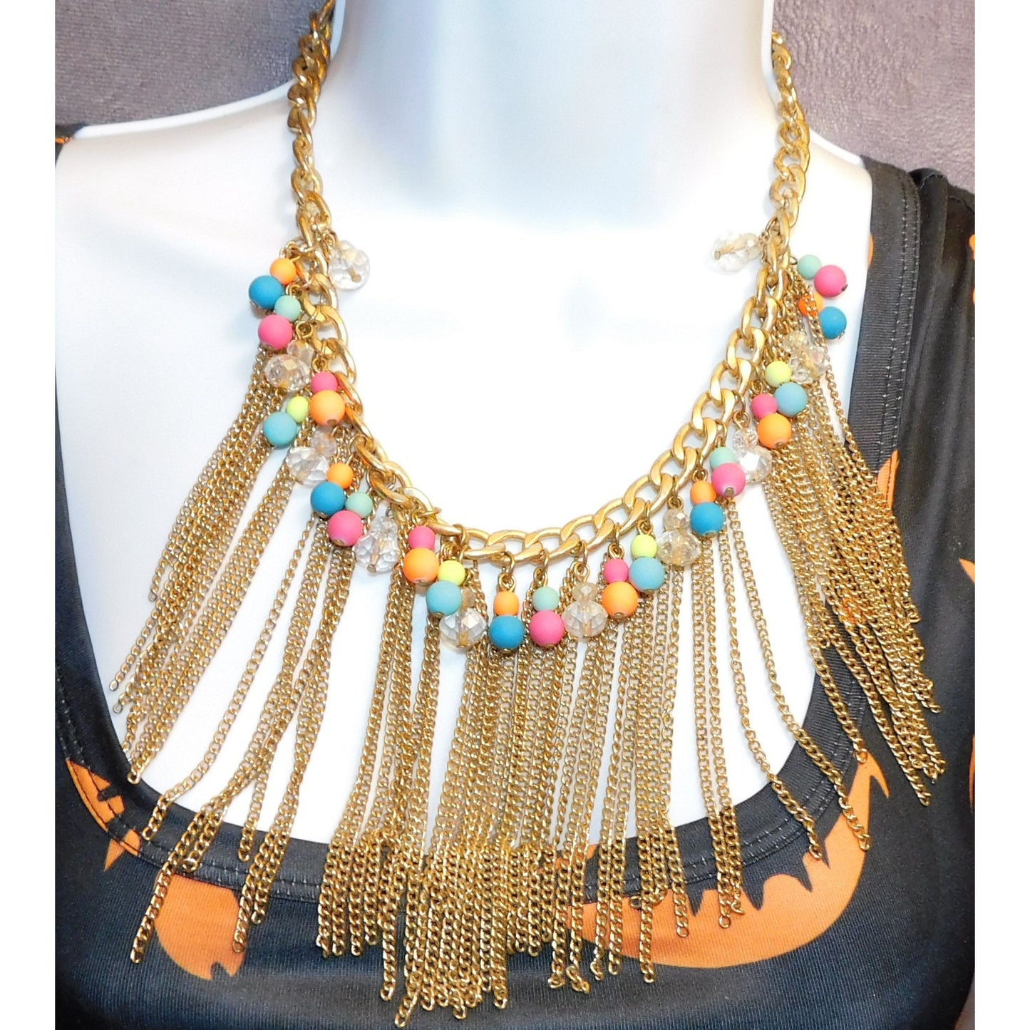 Neon 80s Beaded Gold Tone Chain Fringe Necklace
