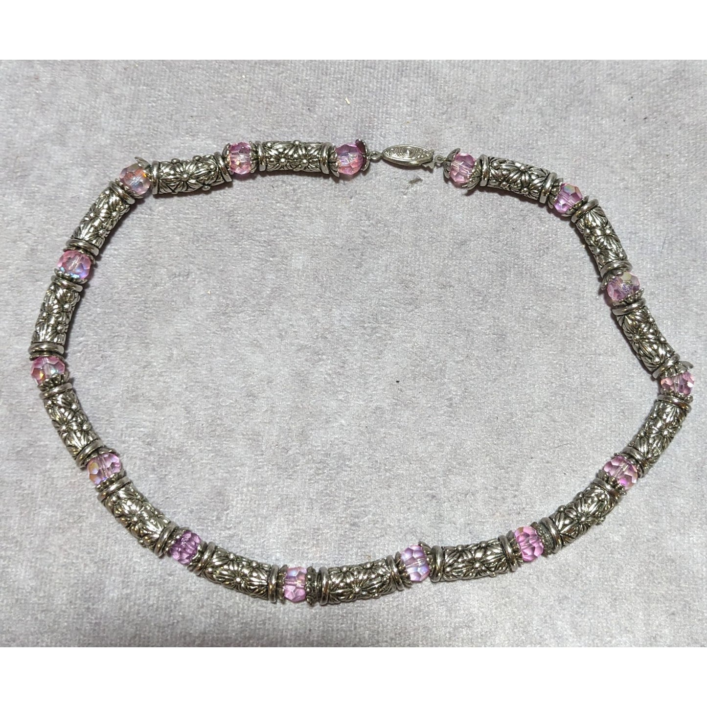 Silver Floral Pink Aurora Borealis Necklace