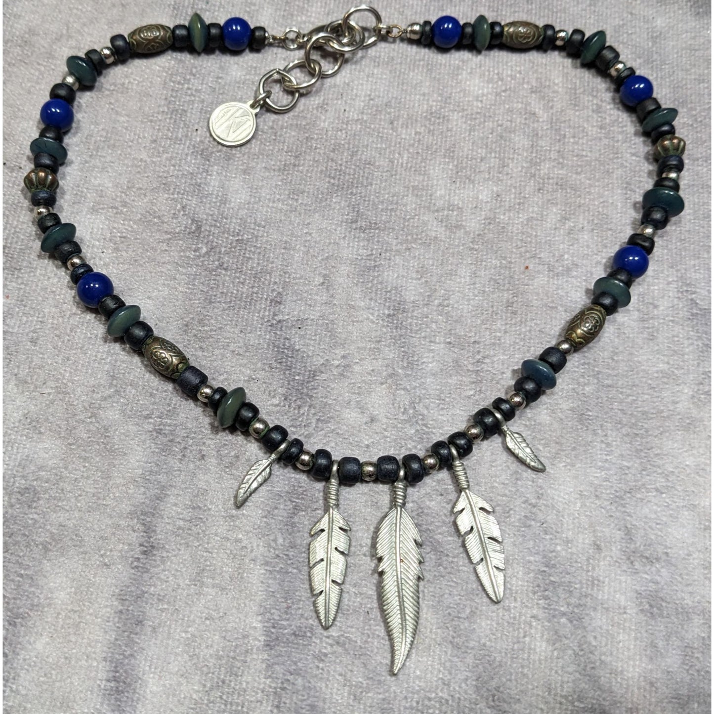 Vintage Southwestern Feather Charm Black Blue And Silver Tone Necklace
