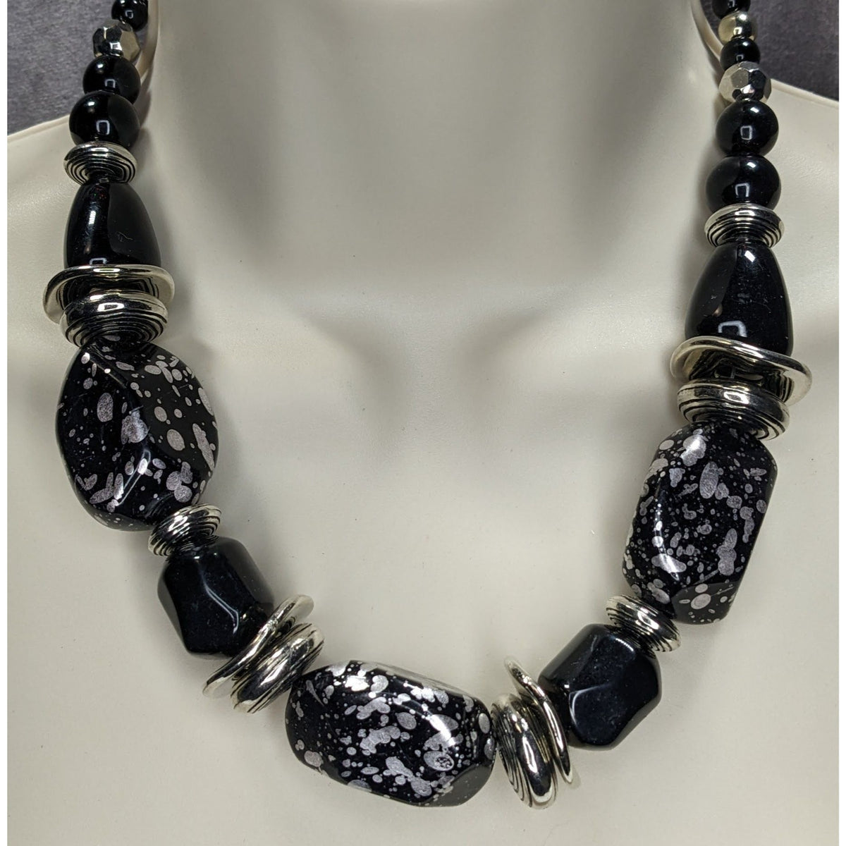 Chunky Gothic Black And Silver Tone Beaded Necklace