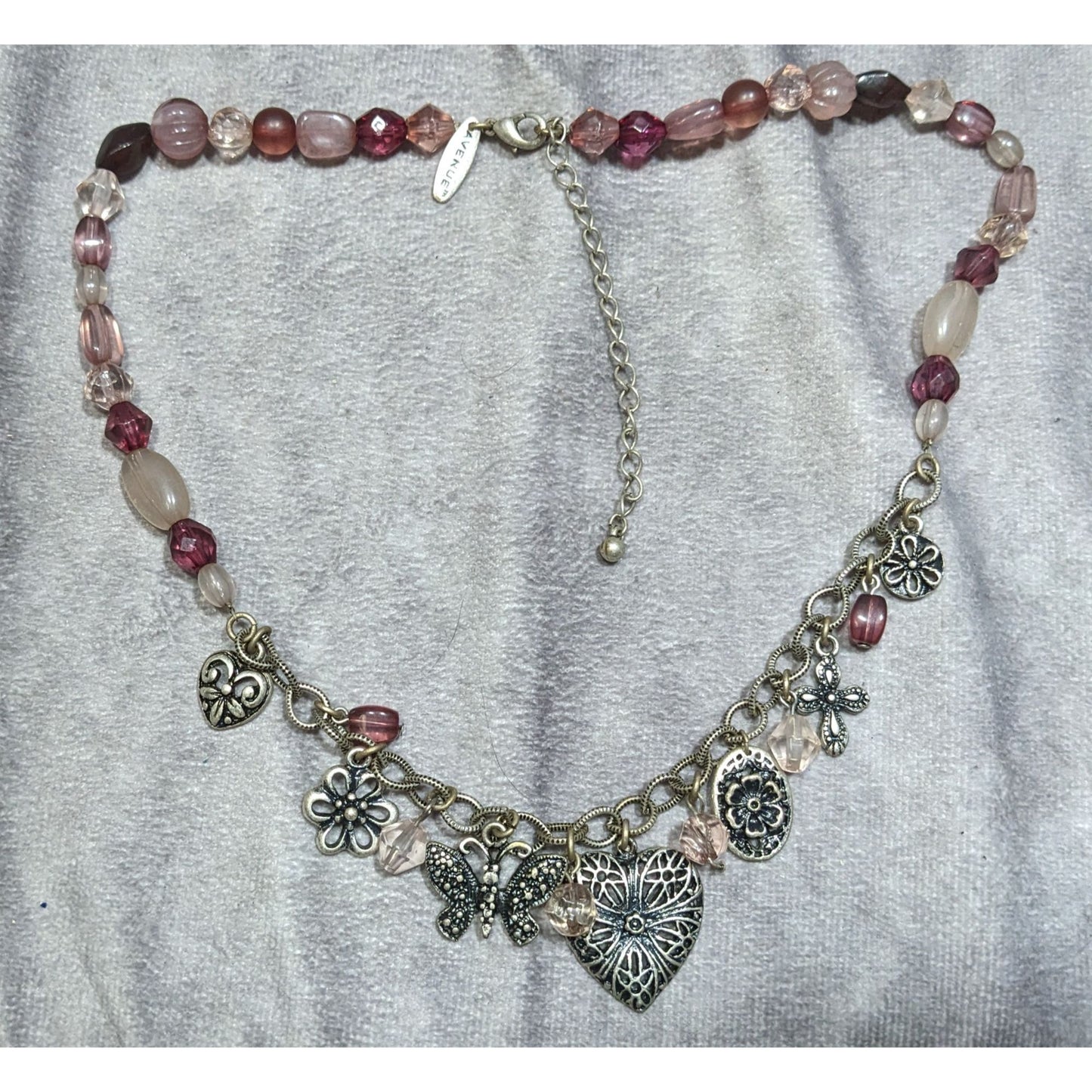 Vintage Avenue Coquette Pink & Silver Charm Necklace With Heart & Butterfly Accents