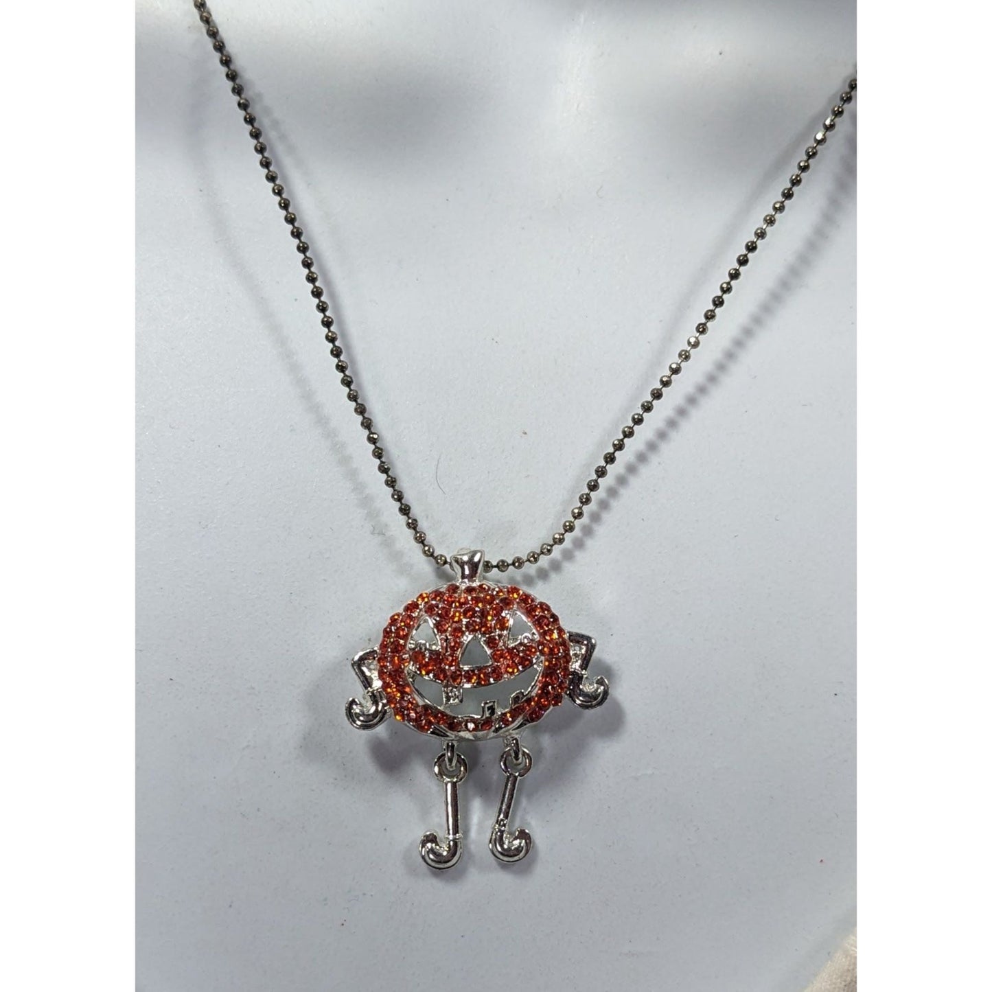 Seasons Halloween Orange Rhinestone Jack O Lantern Pendant Necklace