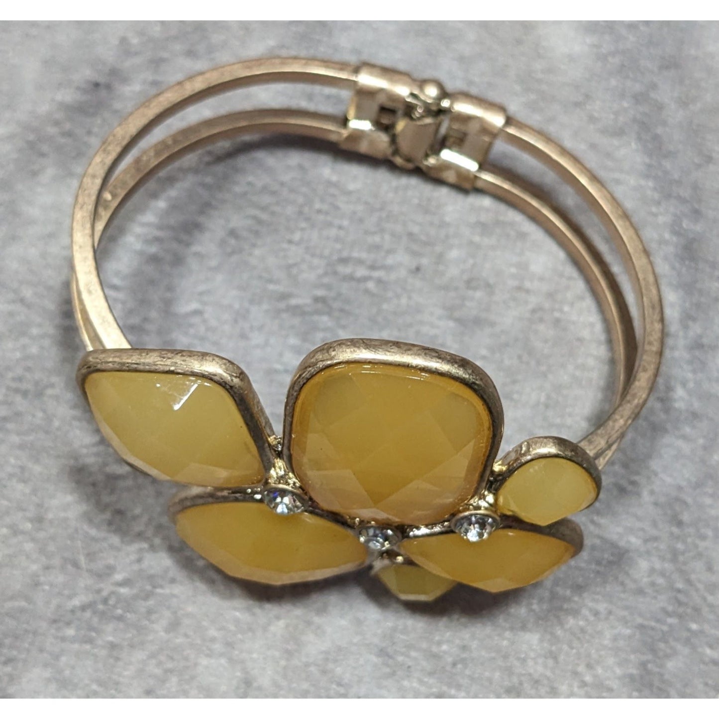 Chunky Retro Yellow Gemmed Gold-Tone Cuff Bracelet With Rhinestone Accents