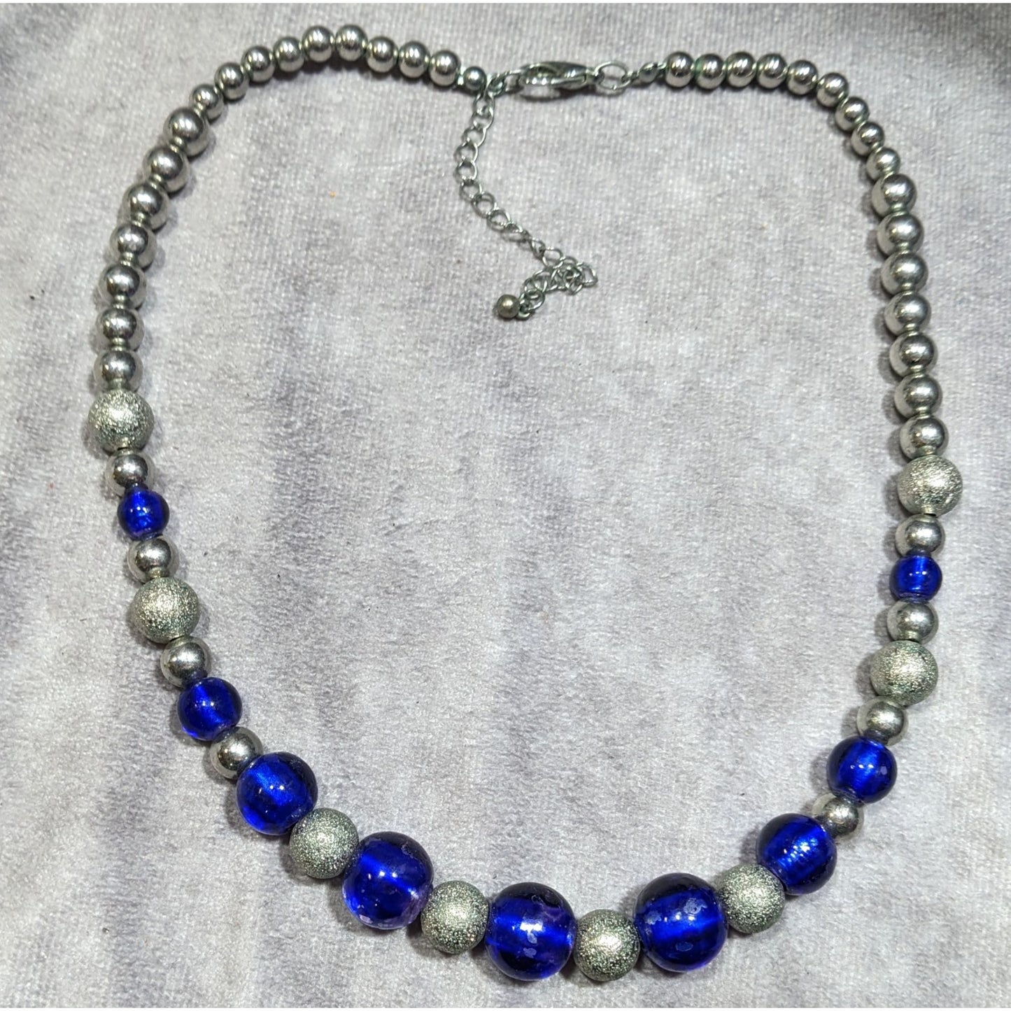 Casual Blue And Silver Tone Metal And Glass Beaded Necklace