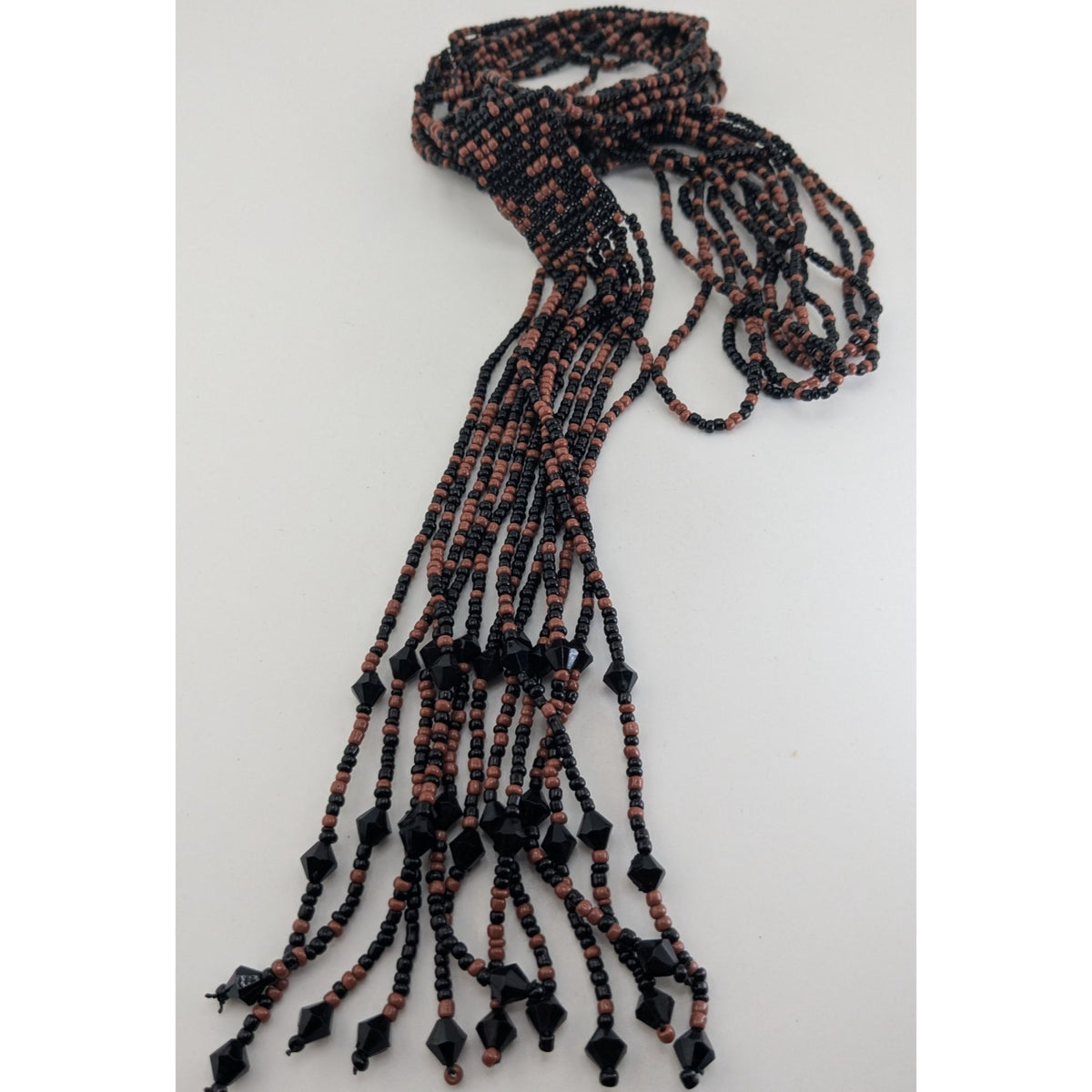 Boho Handmade Glass Brown Black Seed Bead Tassel Necklace 16 Inch