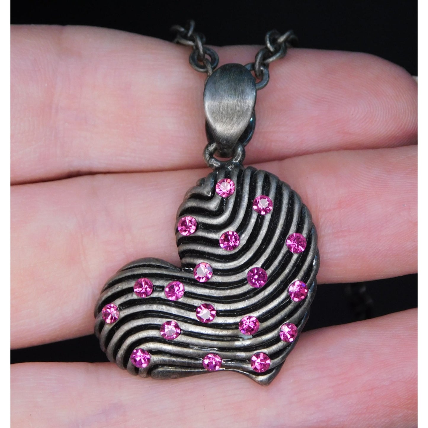 Glam Goth Pink Rhinestone Striped Heart Necklace