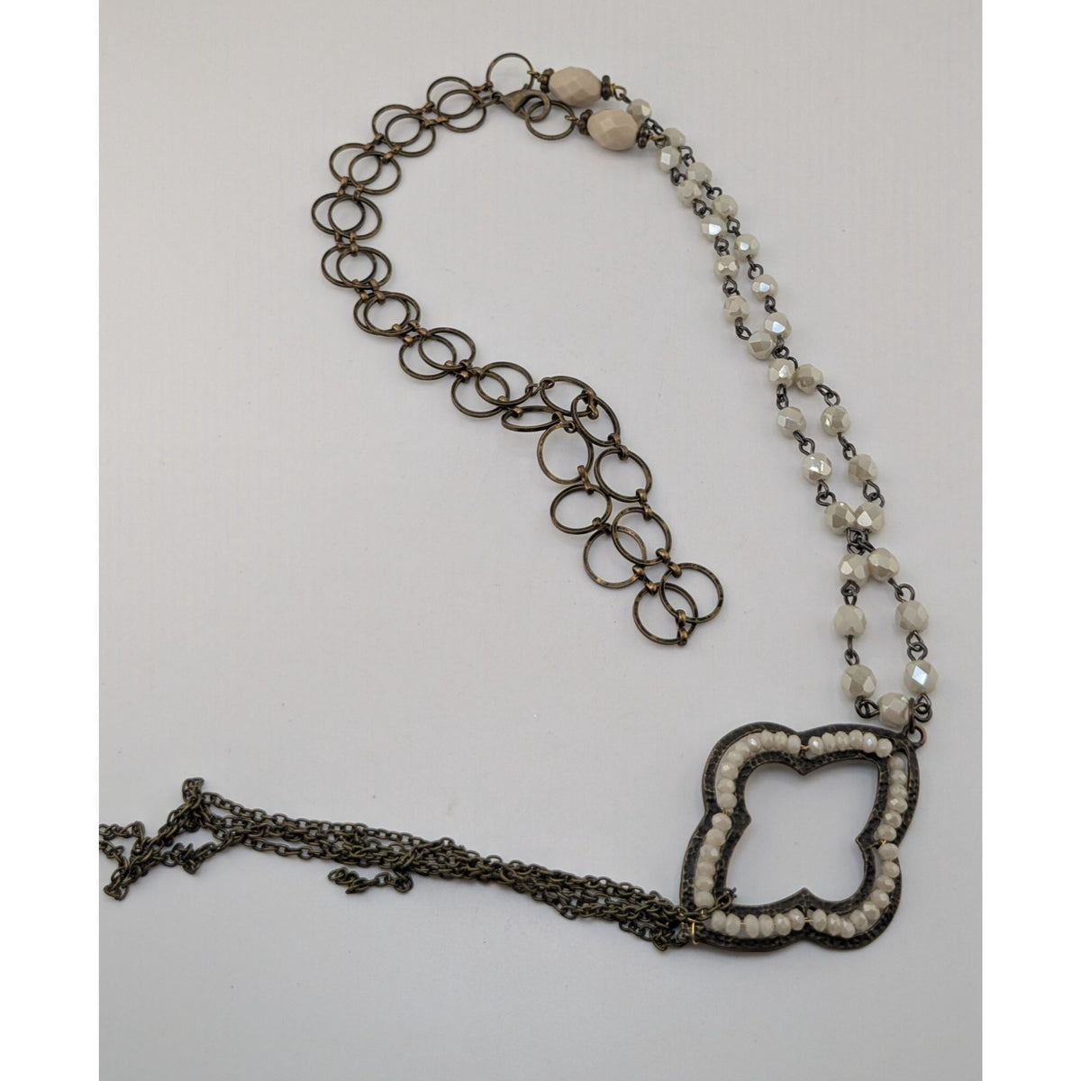 Boho Romantic Glass Bead Quatrefoil Pendant Tassel Necklace Antique Gold 30 Inch