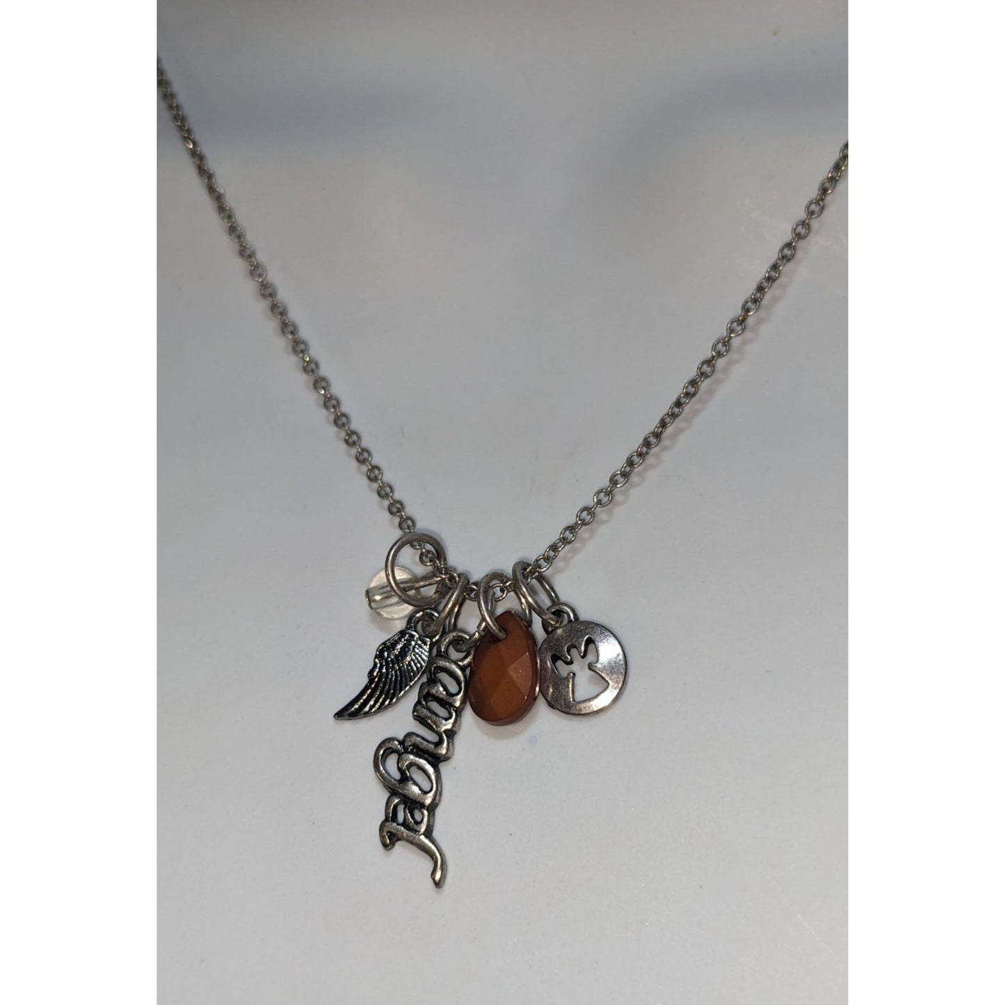 Angel Charm Necklace Silver Tone Inspirational Faith Jewelry with Crystal Accents