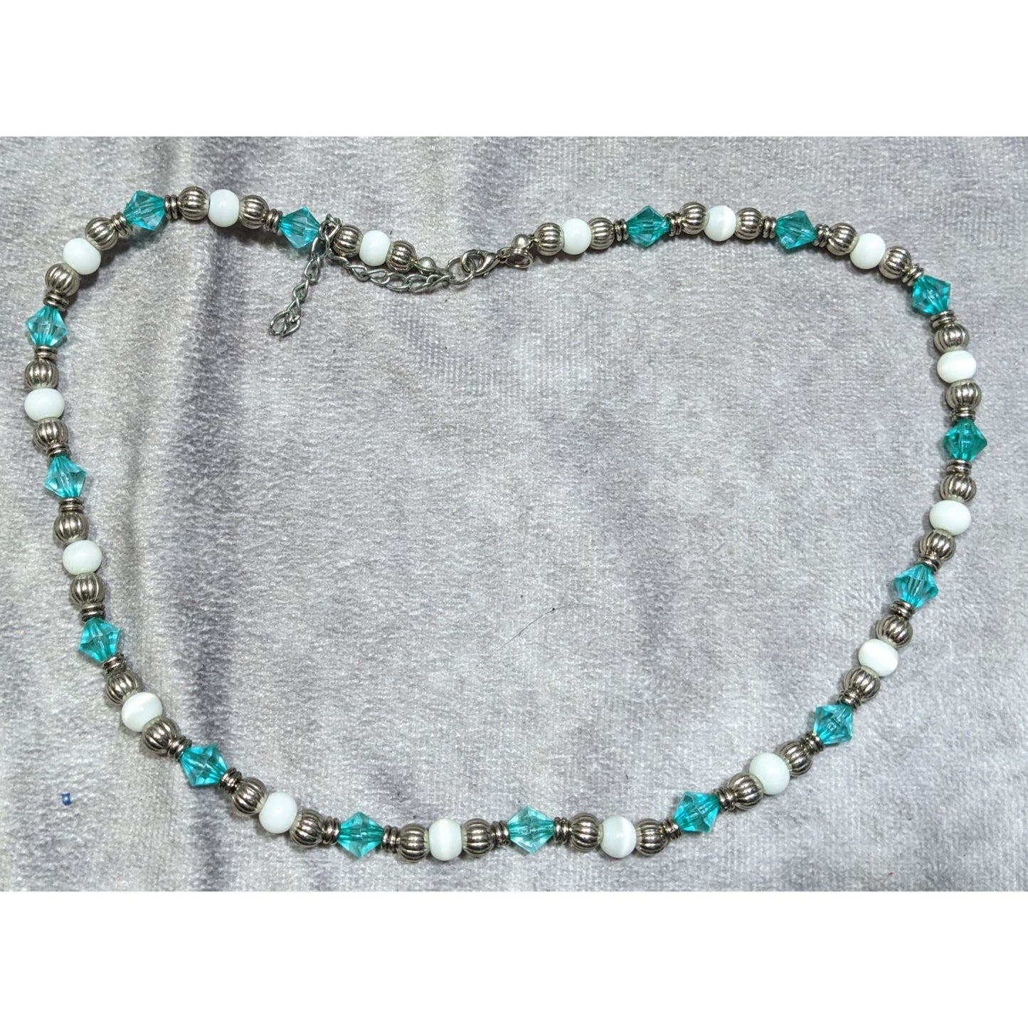 Turquoise & White Beaded Necklace With Silver Tone Accents & Adjustable Chain
