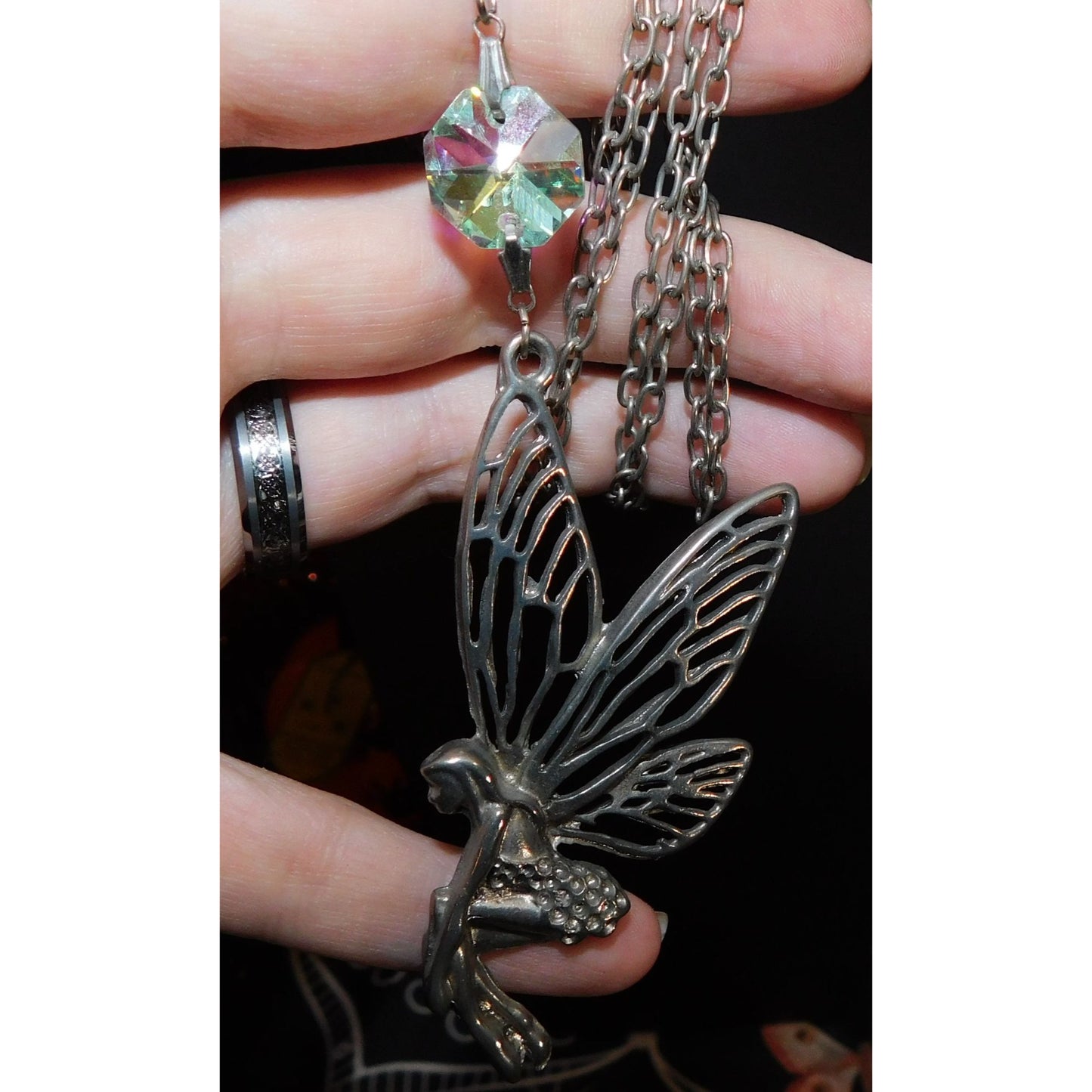 Fairycore Silver Tone Fairy Pendant Necklace With AB Gem Accent