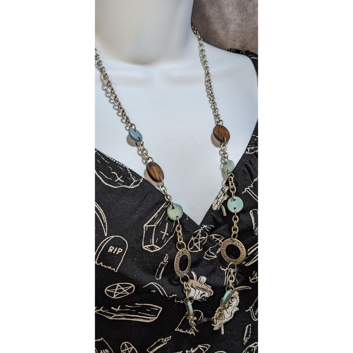 American Eagle Rustic Wood Disc Necklace Long Mixed Media Boho Geometric Statement Jewelry