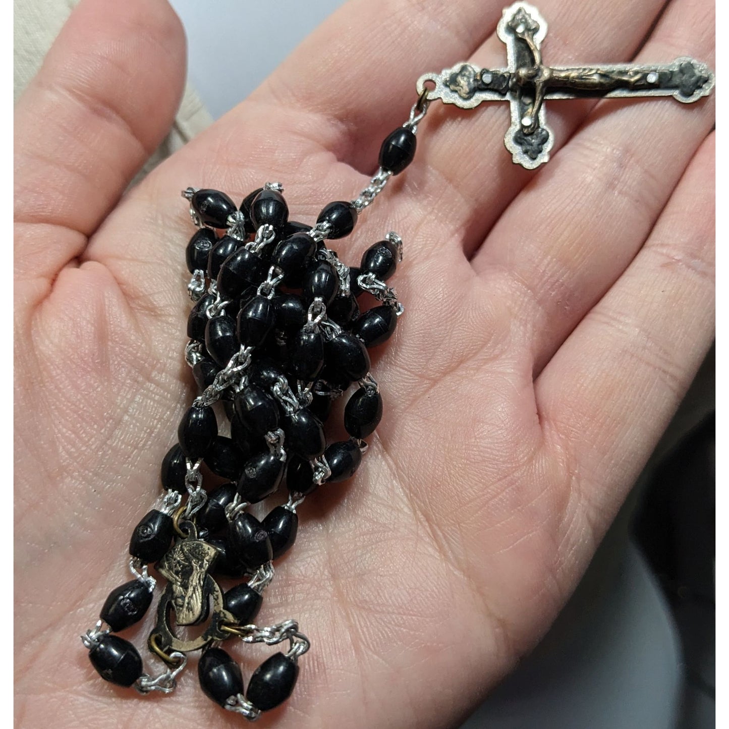 Vintage Gothic Black Rosary Necklace With Silver Tone Cross Pendant & Madonna Centerpiece