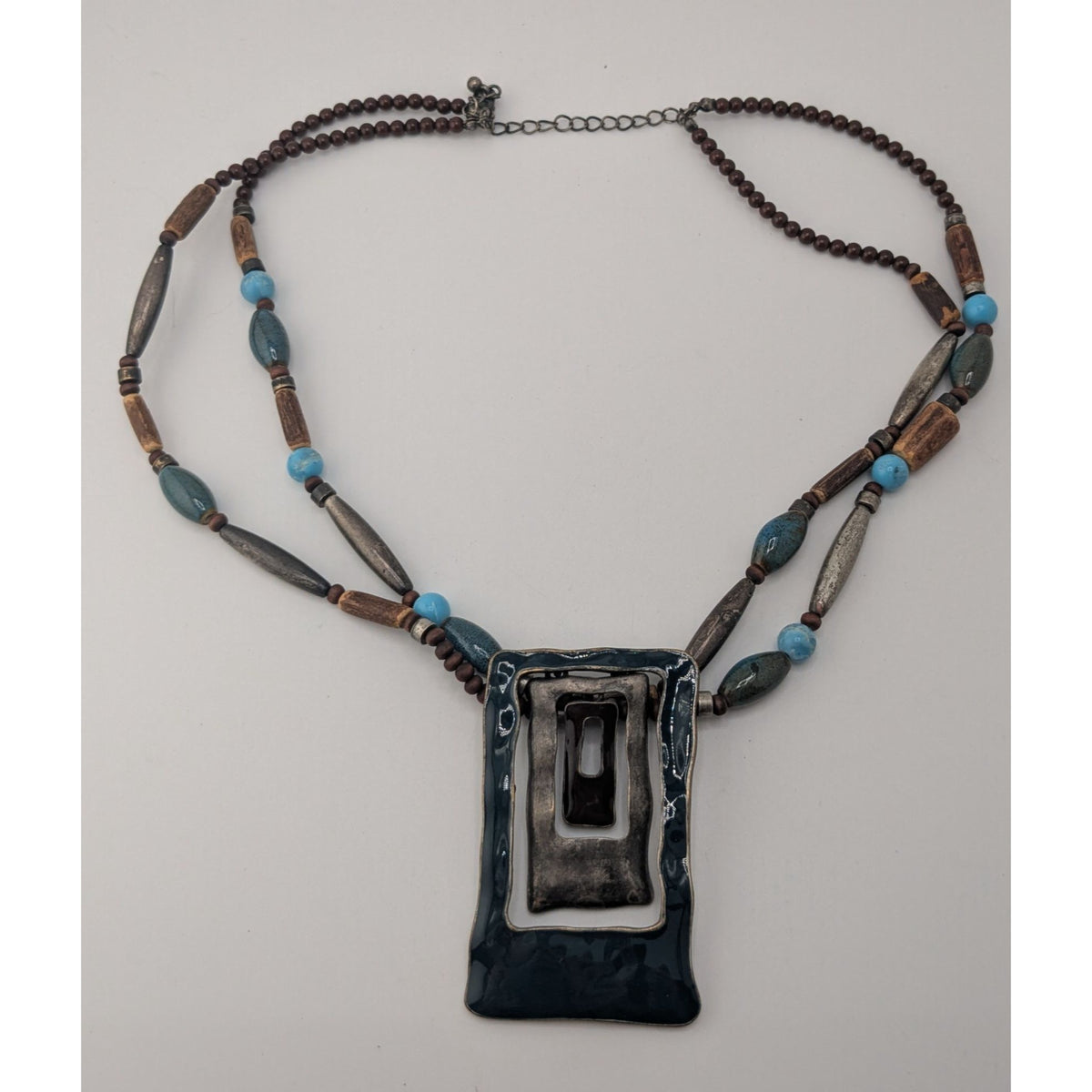 Boho Brutalist Geometric Pendant Necklace Layered Wood Blue Beads Mixed Metal Statement