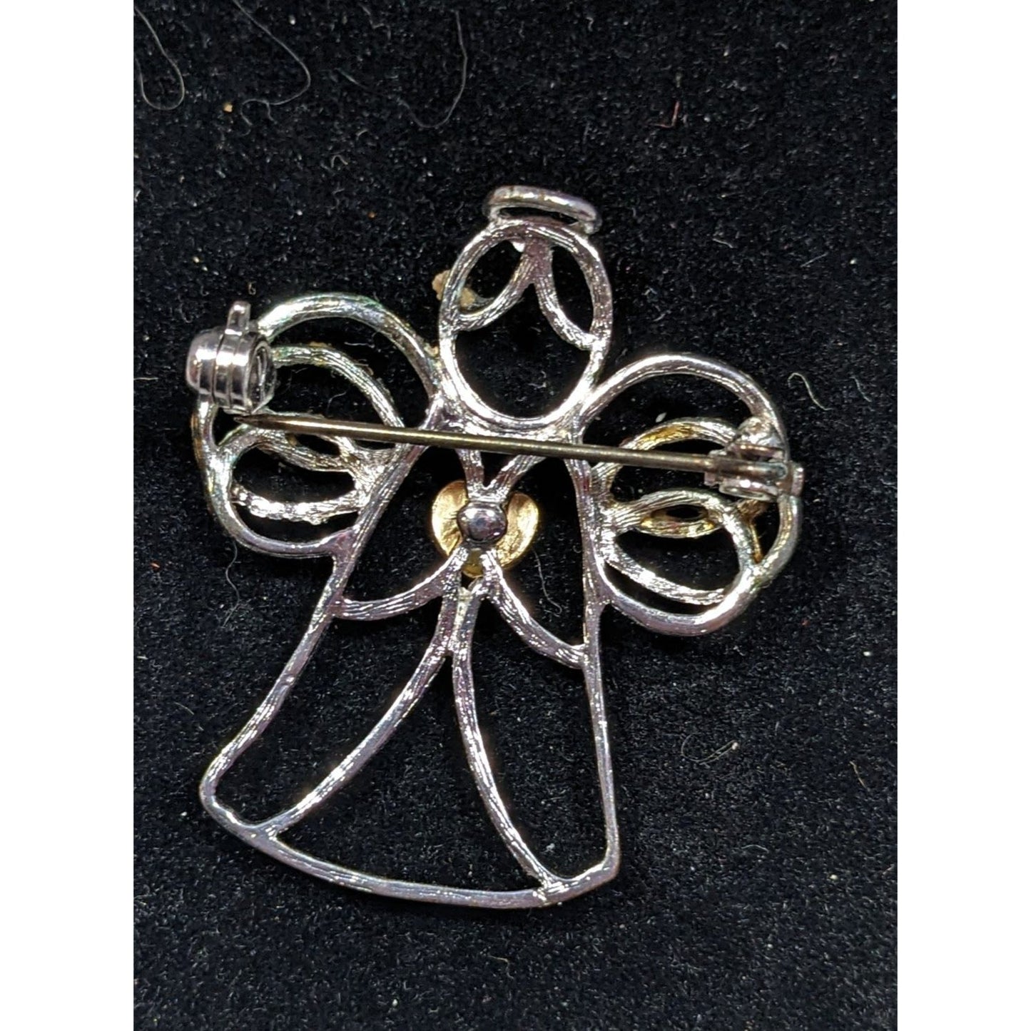 Vintage Angel Holding A Heart Open Metallic Wire Brooch