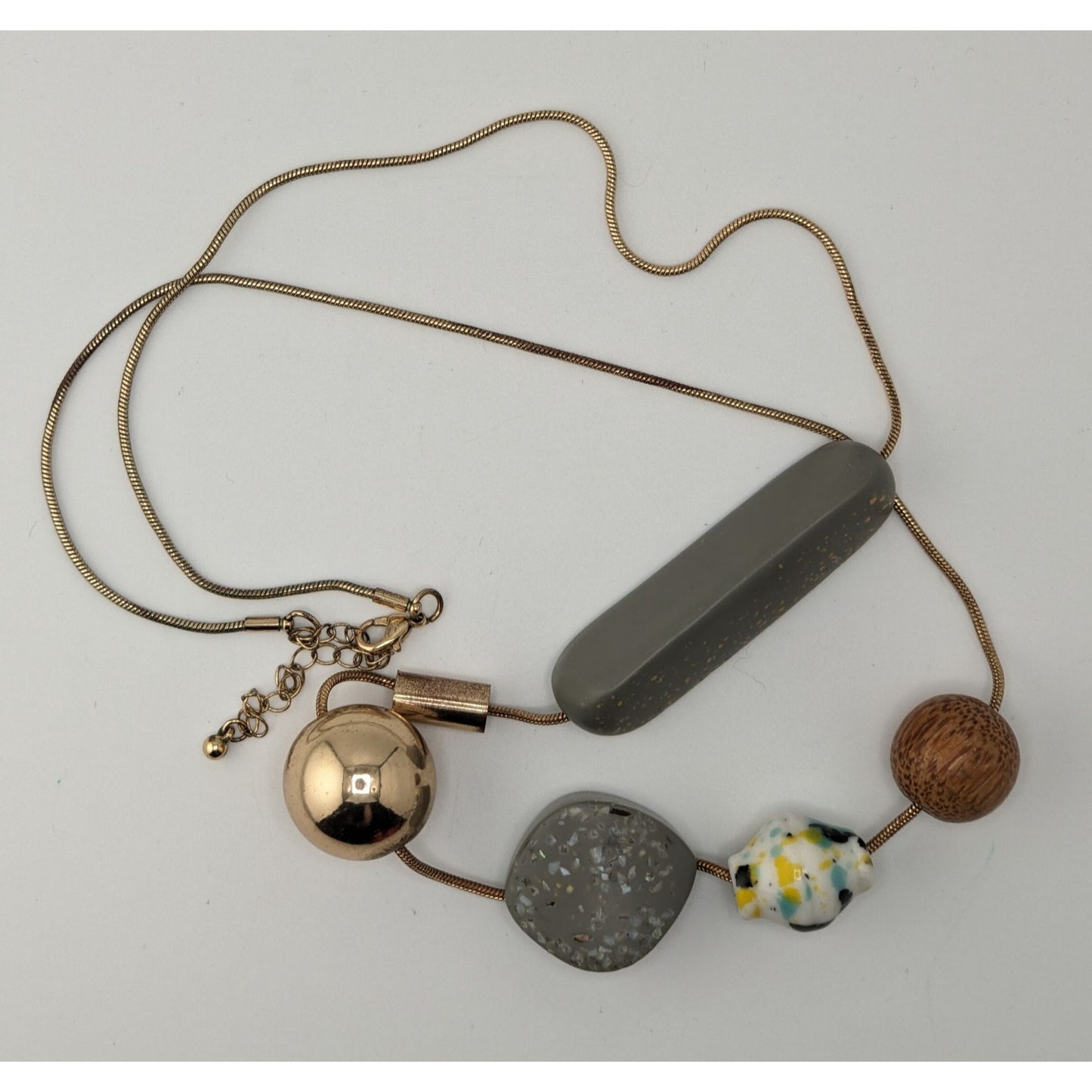 Chunky Artisan Beaded Necklace Mixed Media Abstract Statement Grey Brown Gold