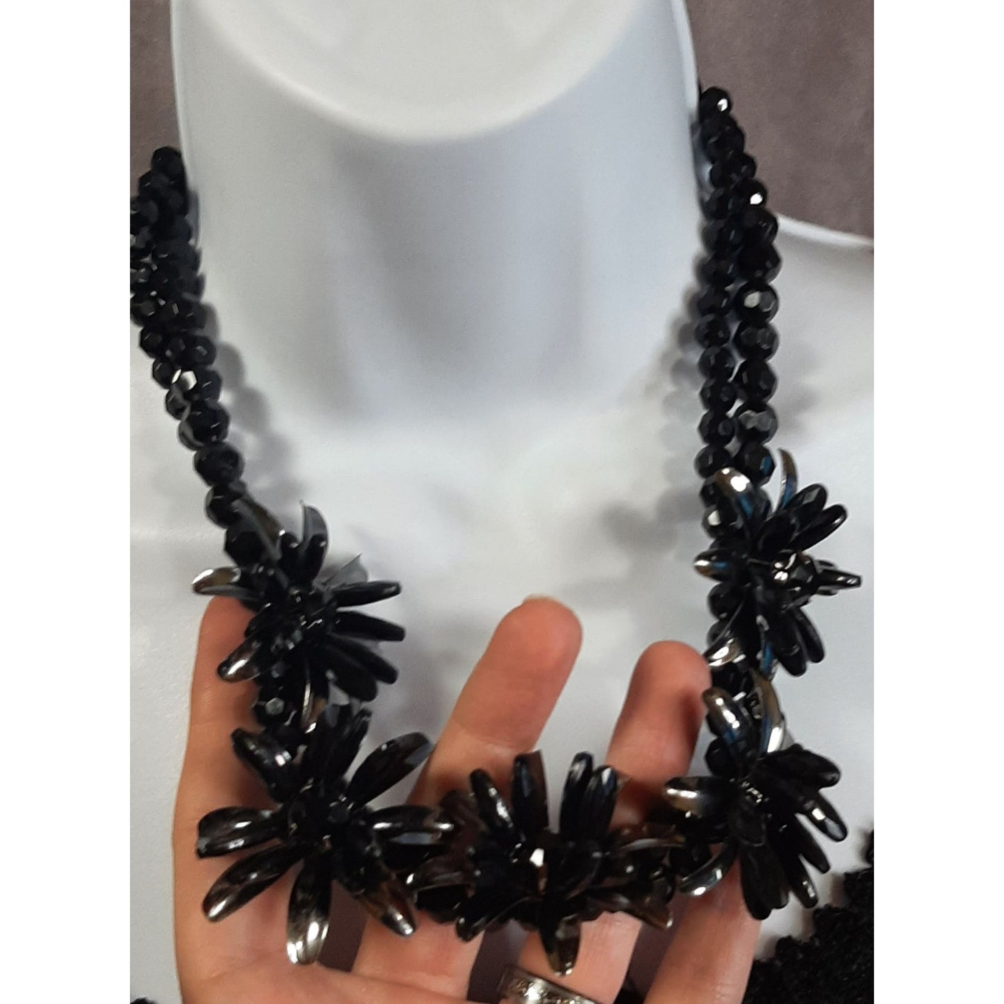 Glam Goth Black Floral Beaded Statement Necklace