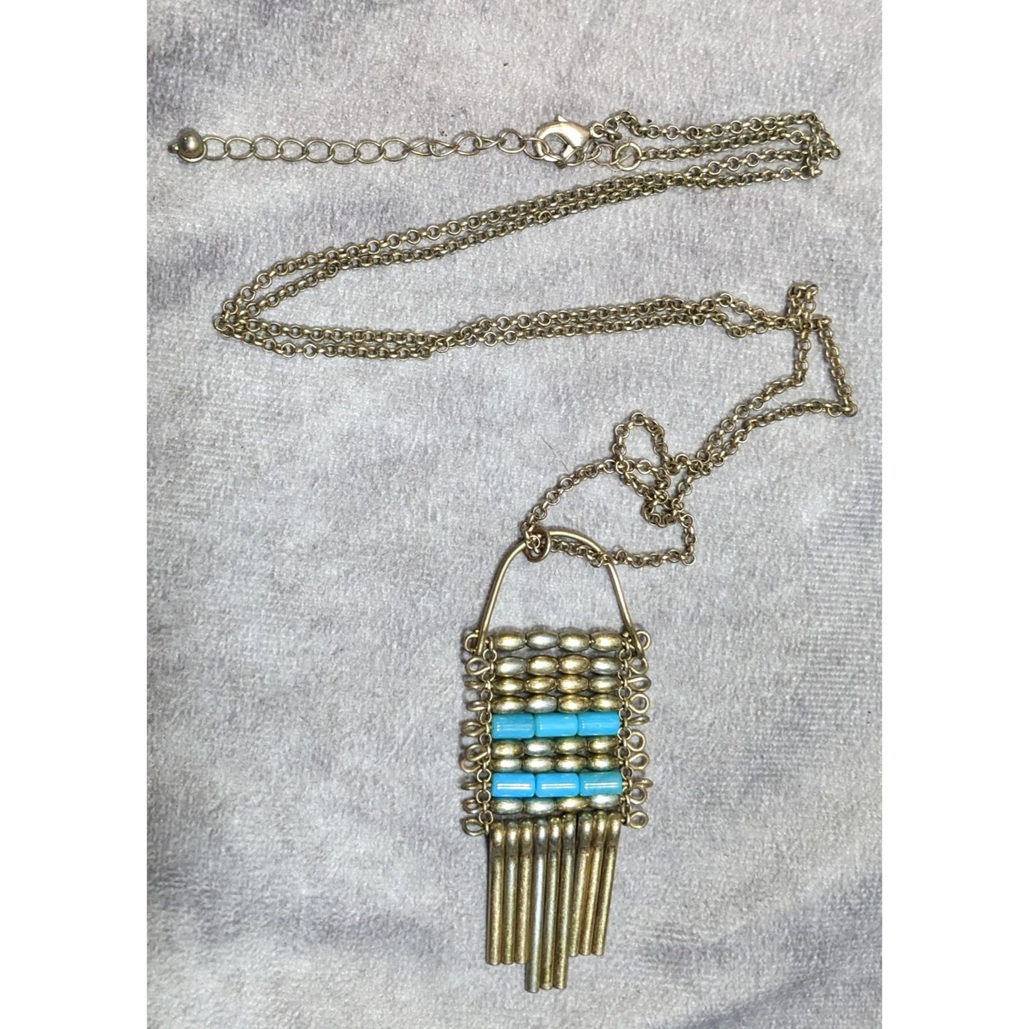 Unique Bohemian Beaded Tassel Pendant Blue And Silver Tone