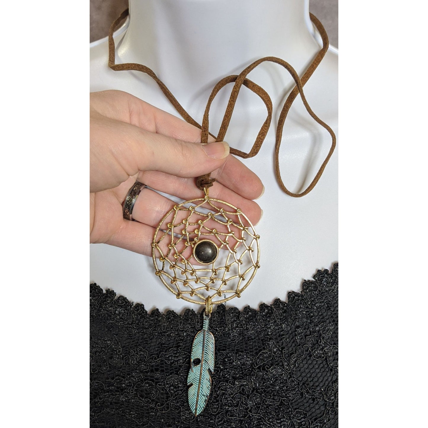 Bohemian Dreamcatcher Pendant Necklace With Faux Suede Cord