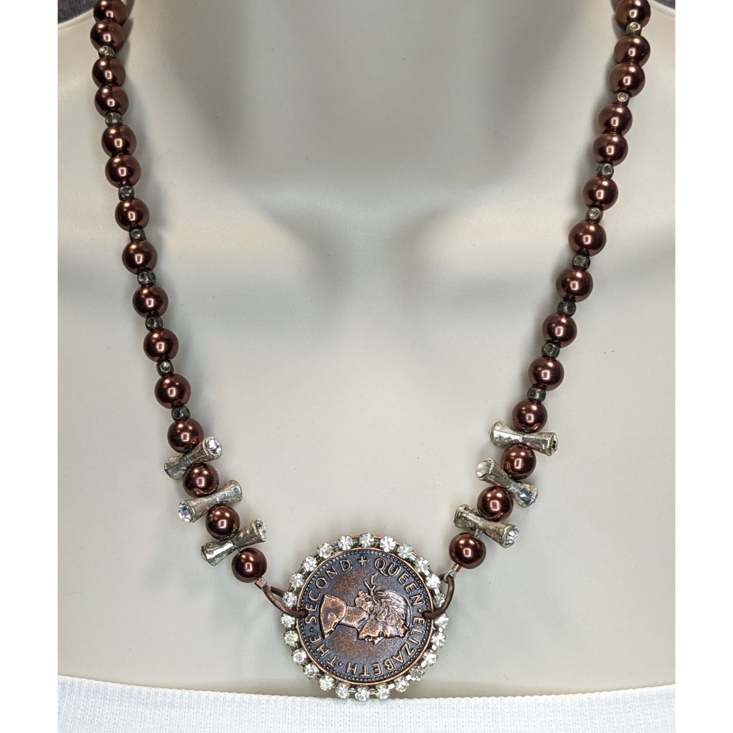 Vintage 1960 New Zealand Penny Necklace Queen Elizabeth II Beaded Pendant Necklace