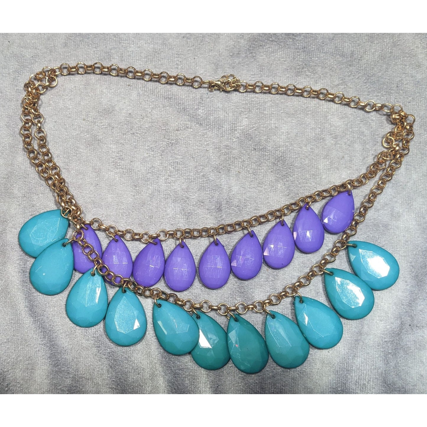 90s Themed Purple And Turquoise Gemmed Layered Fringe Necklace
