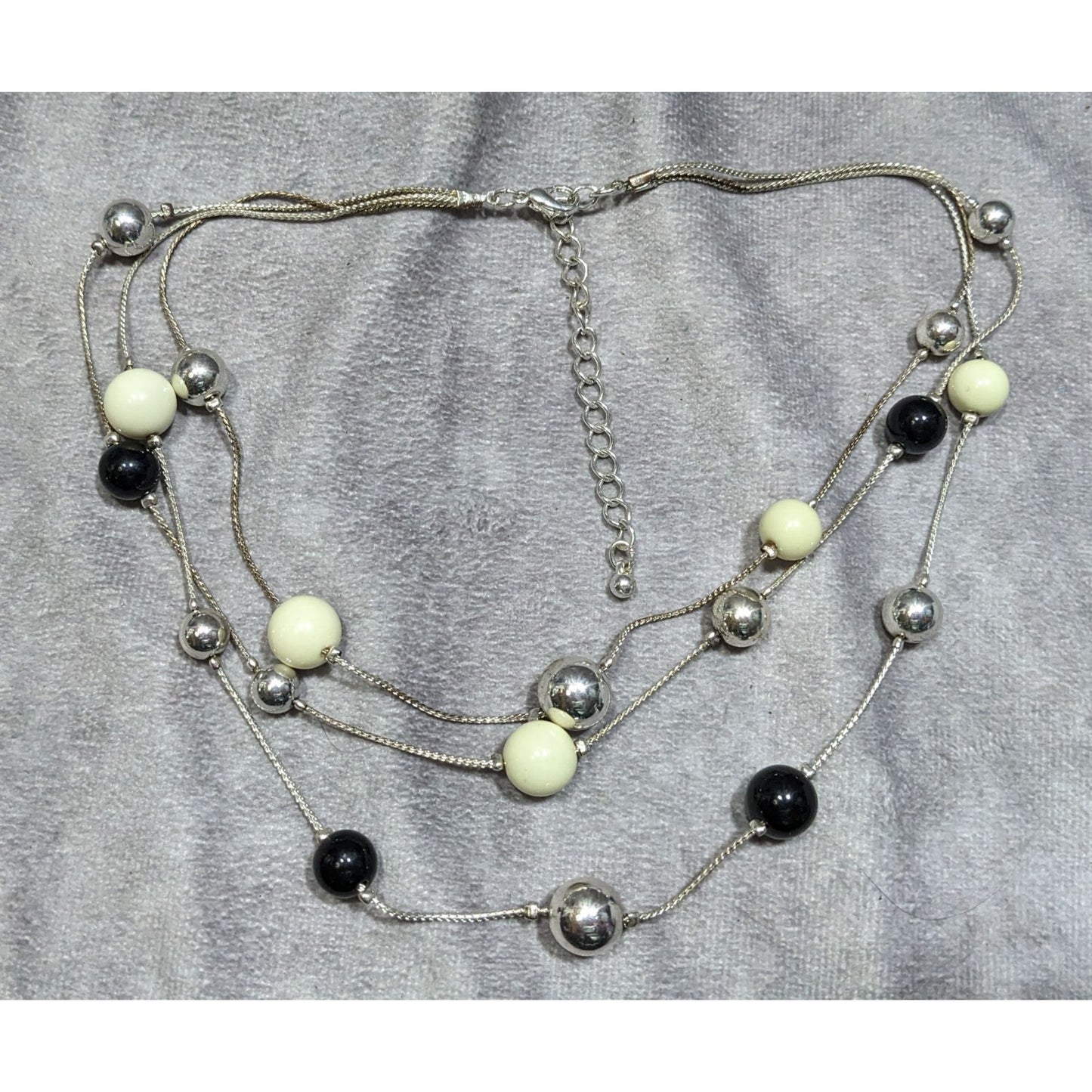 Retro Glam Multi-Layered Silver Tone Necklace With Black & Cream Beads Adjustable Chain