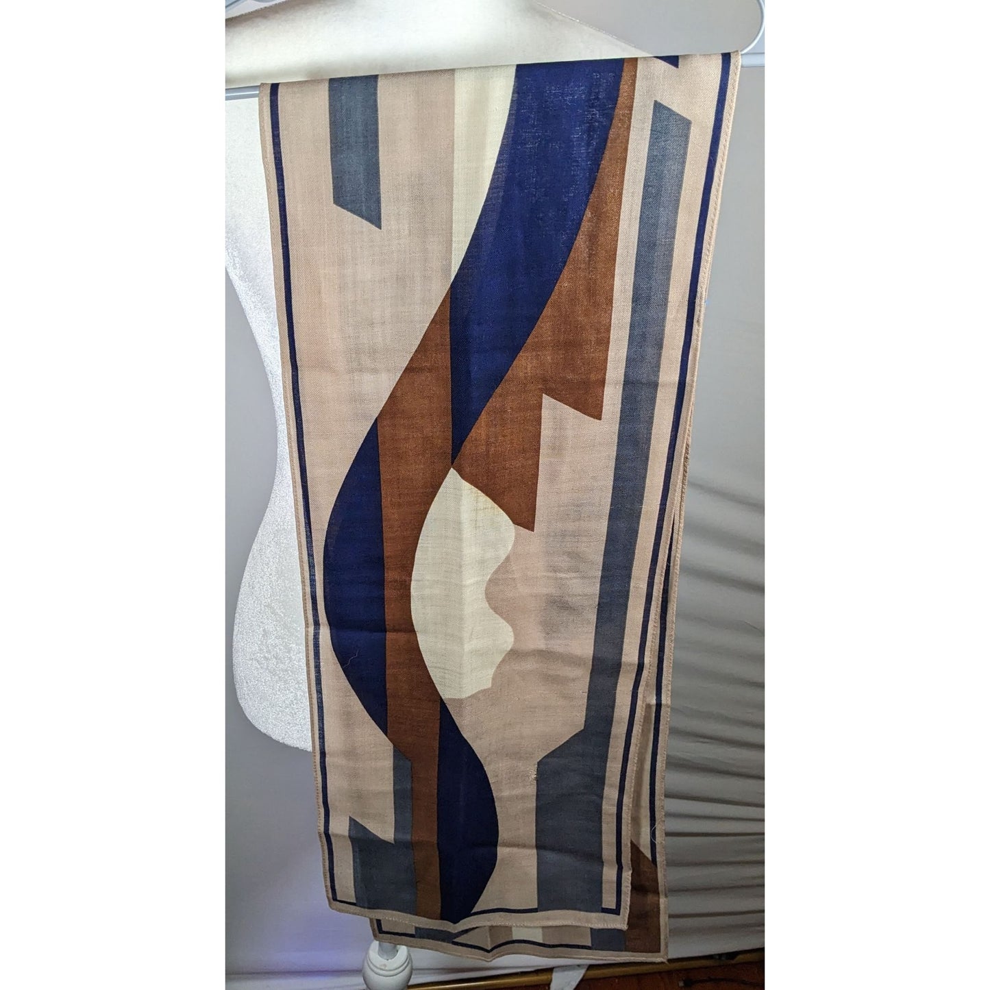 Vintage 70s Brown And Blue Abstract Geometric Scarf