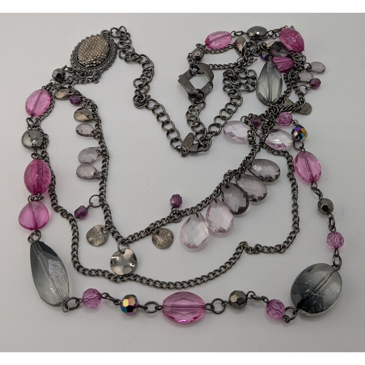 Y2K Glam Goth Multi-Layered Necklace With Pink & Silver Tone Beads