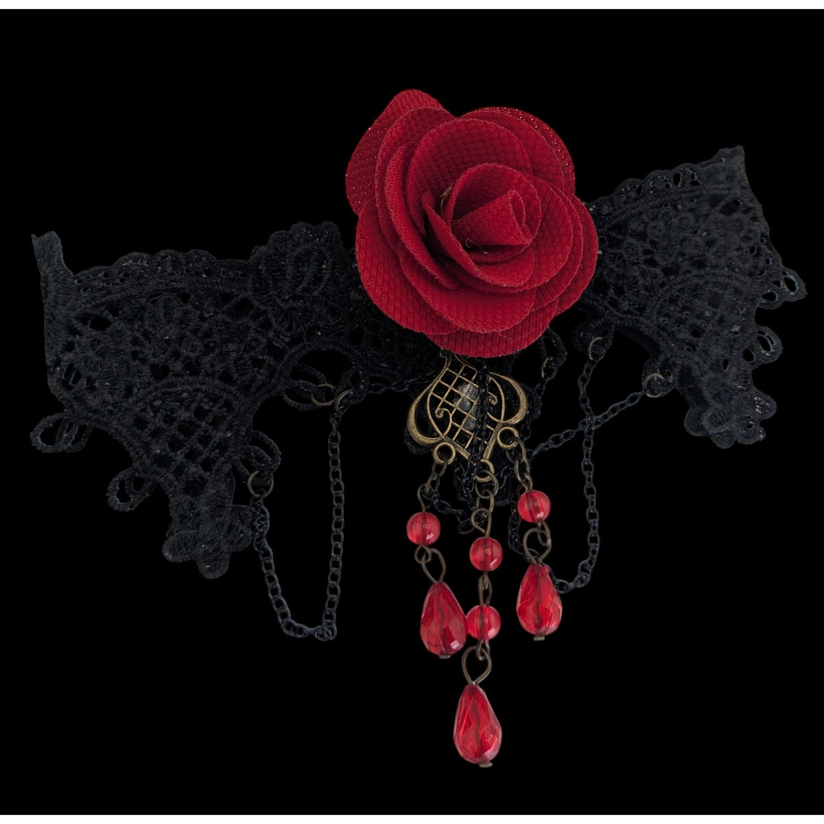 Gothic Vampire Lace Black Red Rose Choker Necklace 10 Inch Damaged