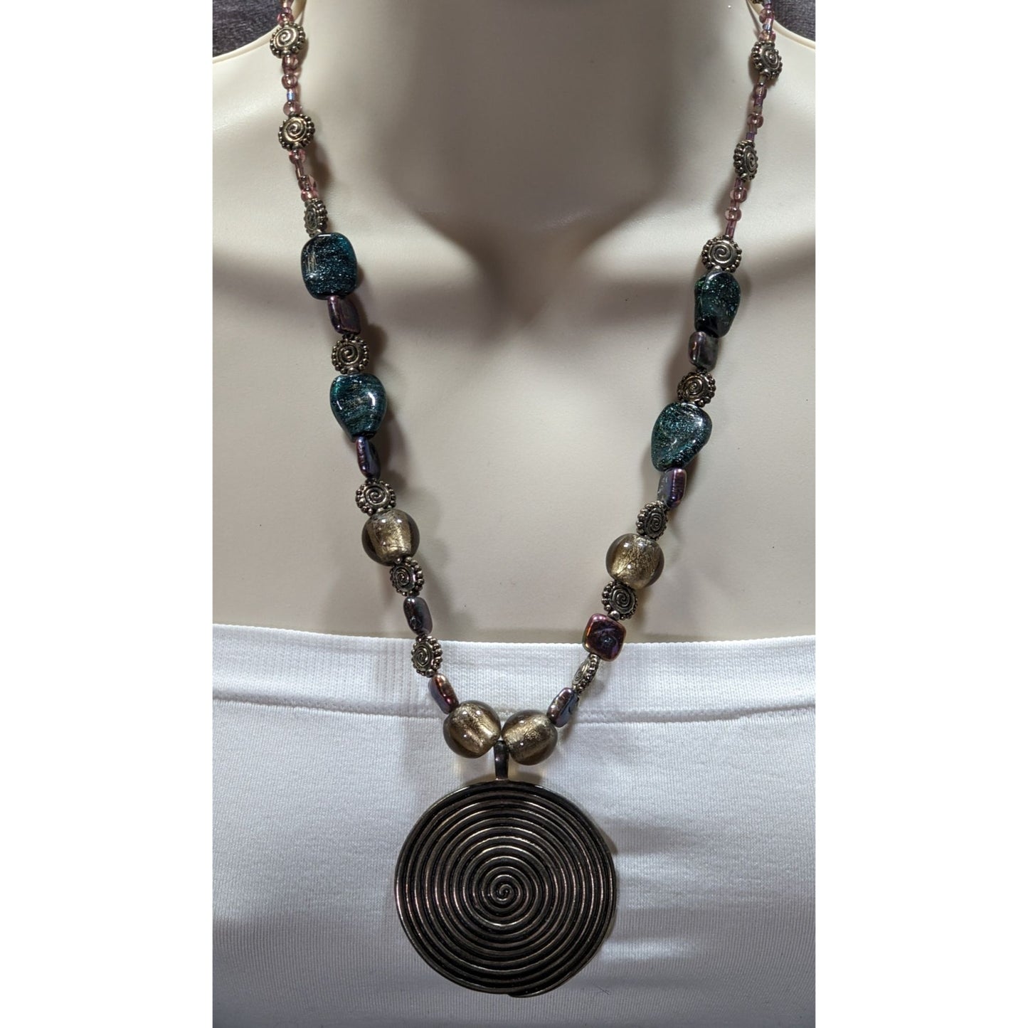 Vintage Brutalist Pendant Necklace With Metal Glass And Pearl Beads