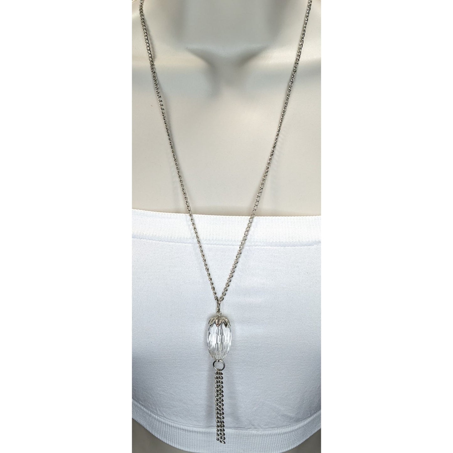 Silver Acrylic Bead Tassel Necklace Minimalist Boho Pendant Jewelry