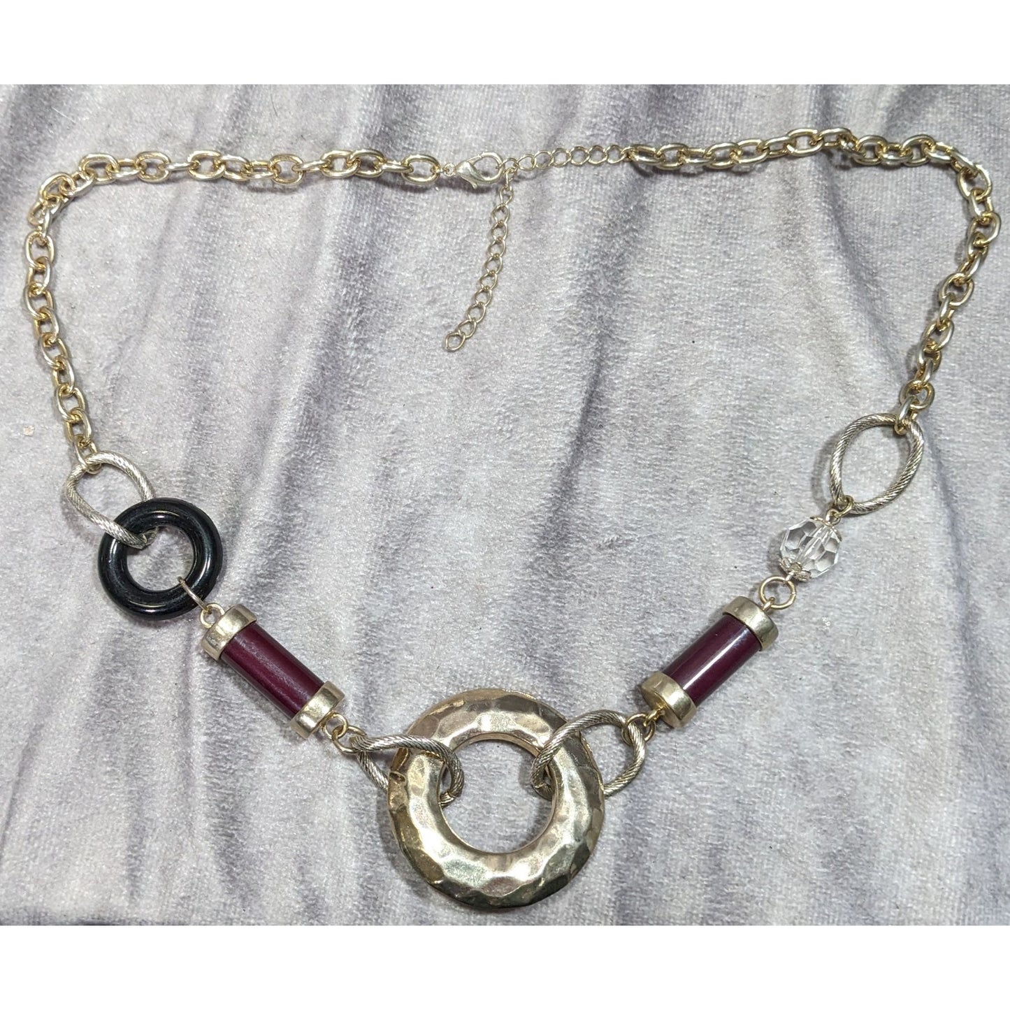 Abstract Chunky Brutalist Necklace With Hammered Circle Pendant & Burgundy Accents