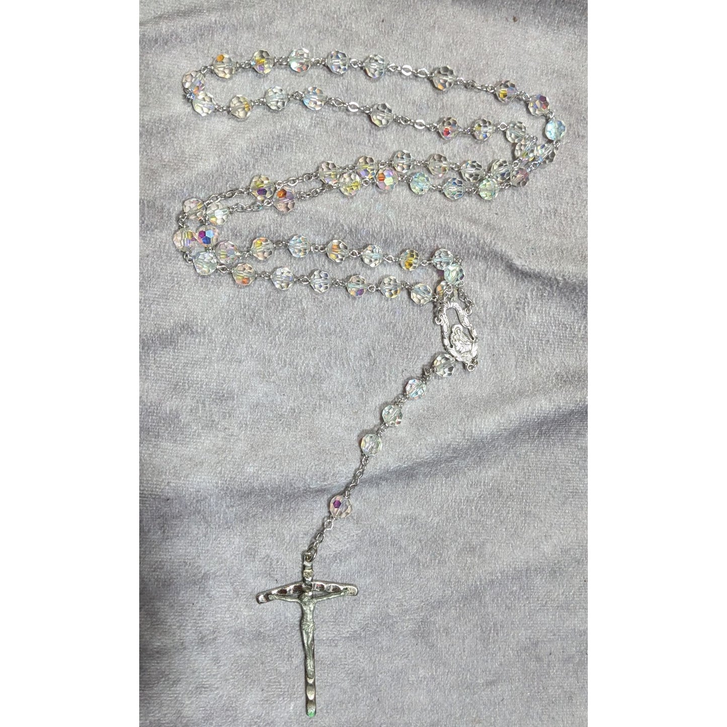 Vintage Crystal Catholic Rosary Beads With Silver Tone Crucifix & Aurora Borealis Crystal Beads