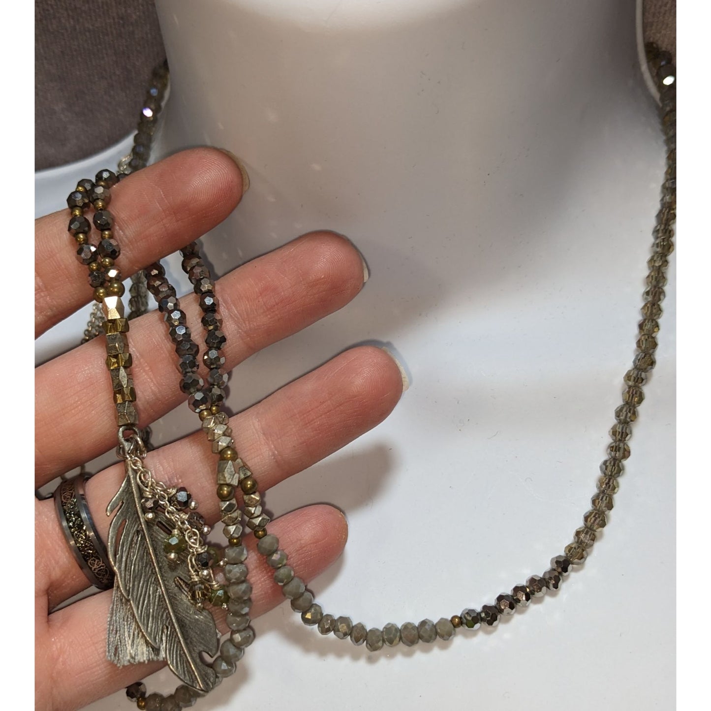Bohemian Sparkly Beaded Necklace With Metal Feather Pendant & Tassel