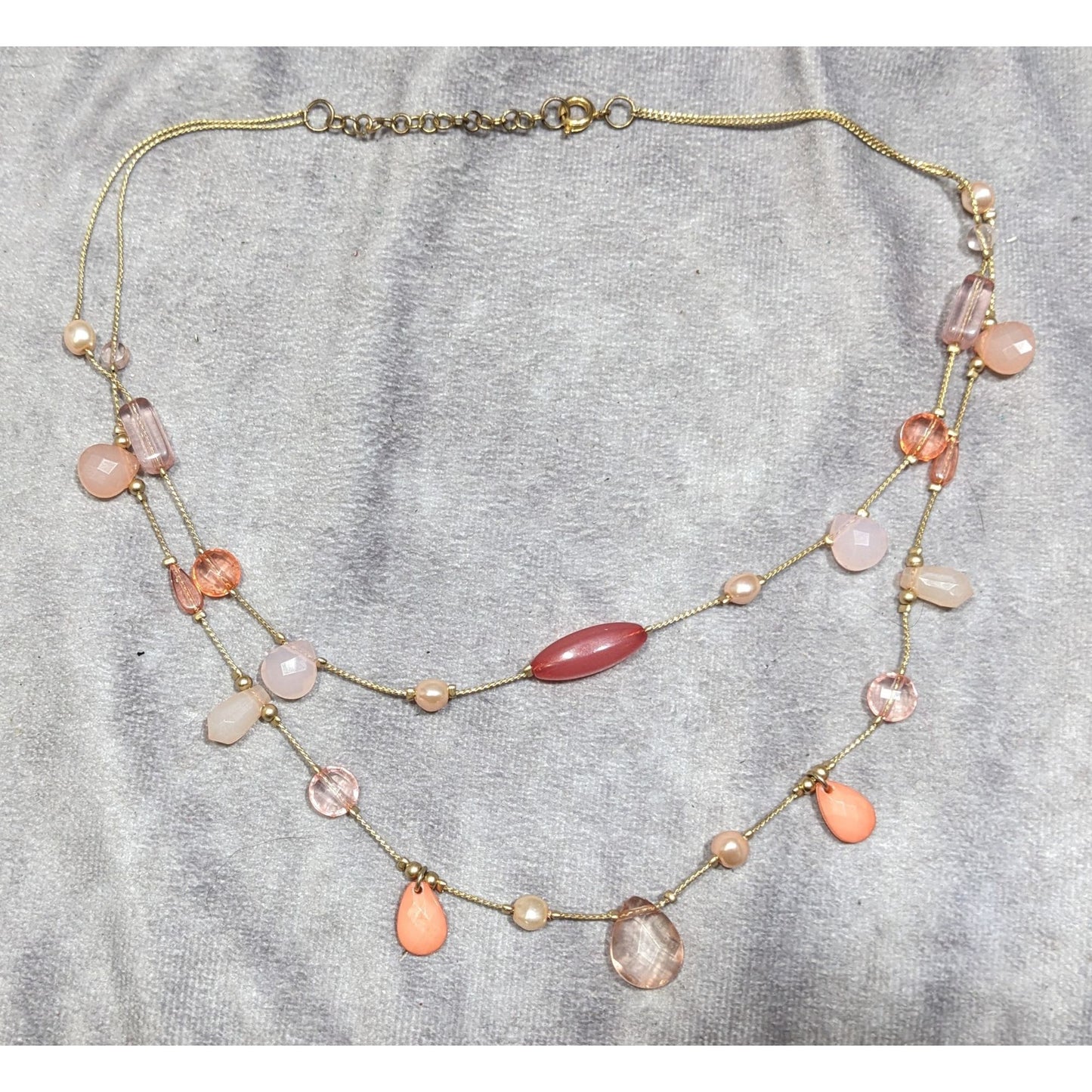 Coquette Pink And Gold Tone Beaded Station Layered Necklace
