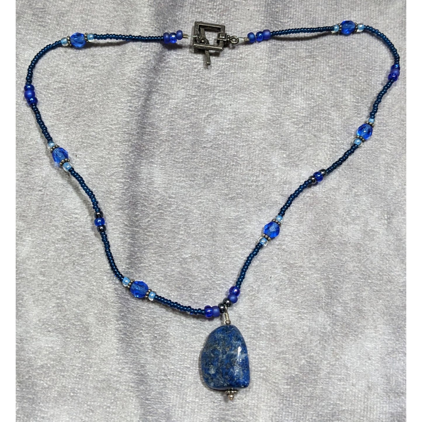 Blue Beaded Necklace With Lapis Lazuli Stone Pendant & Toggle Clasp