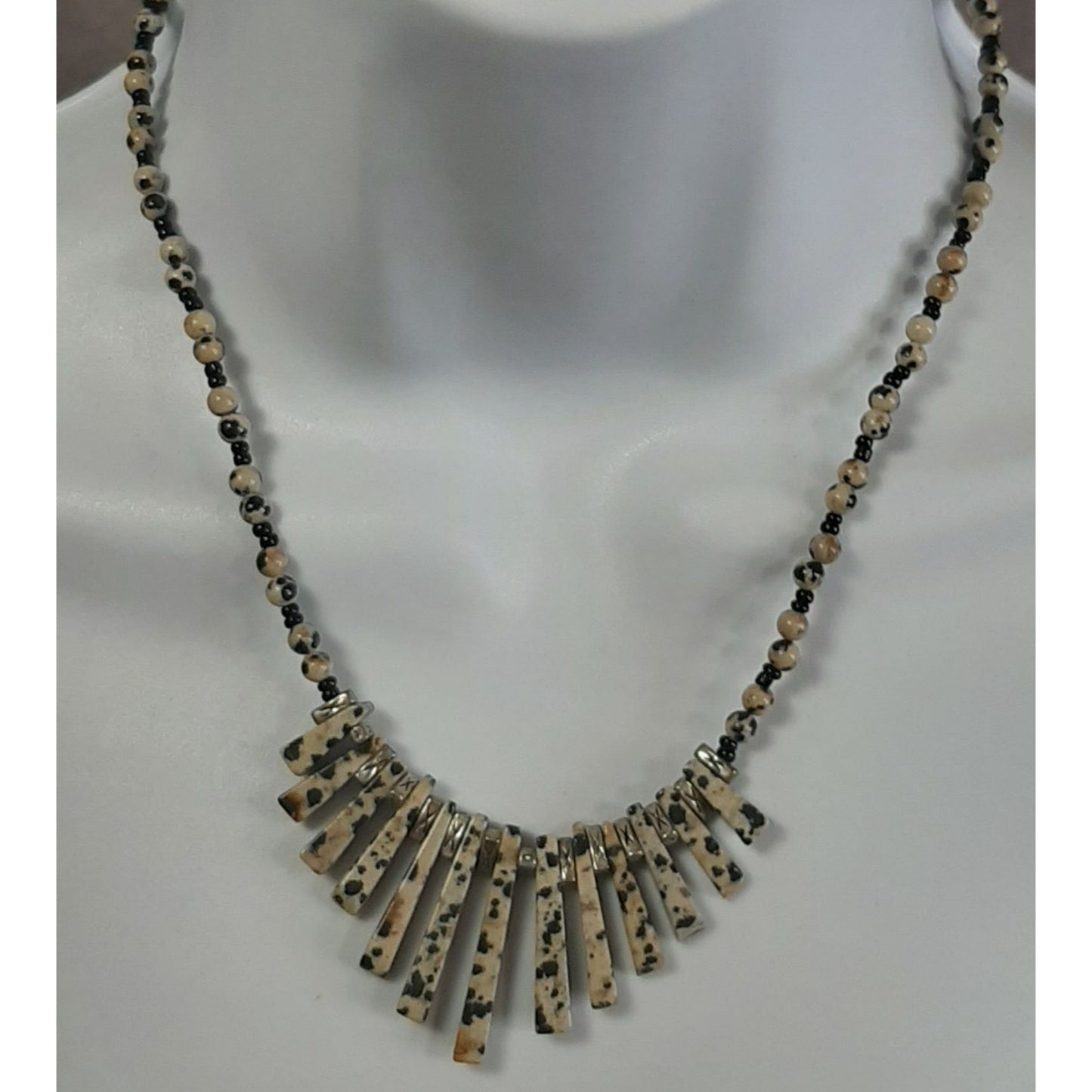Funky Dalmatian Jasper Beaded Necklace With Graduated Pillars