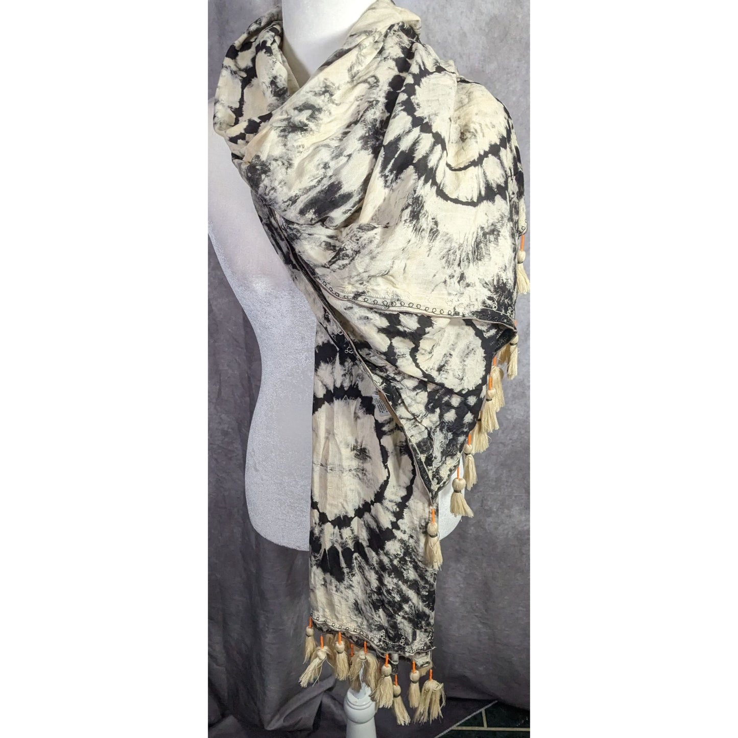 Vintage Skemo Tie-Dye Black & White Rayon Tassel Scarf Handmade In Indonesia With Embroidered Bohemian Accents