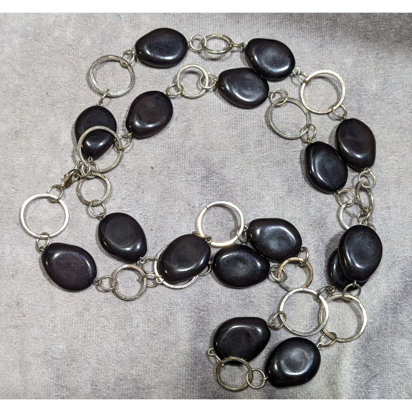 Black Beaded Silver Tone Ring Chain Opera Necklace