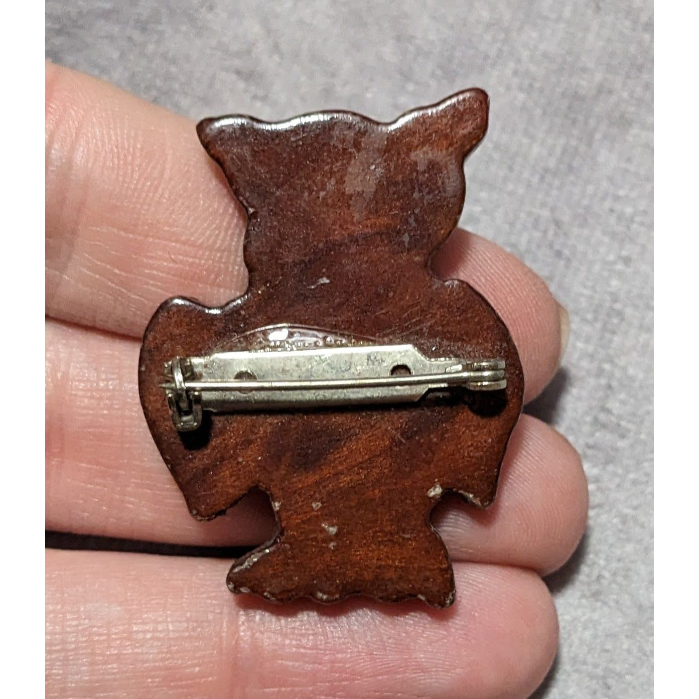 Vintage Hand Carved Wooden Brown Owl Brooch