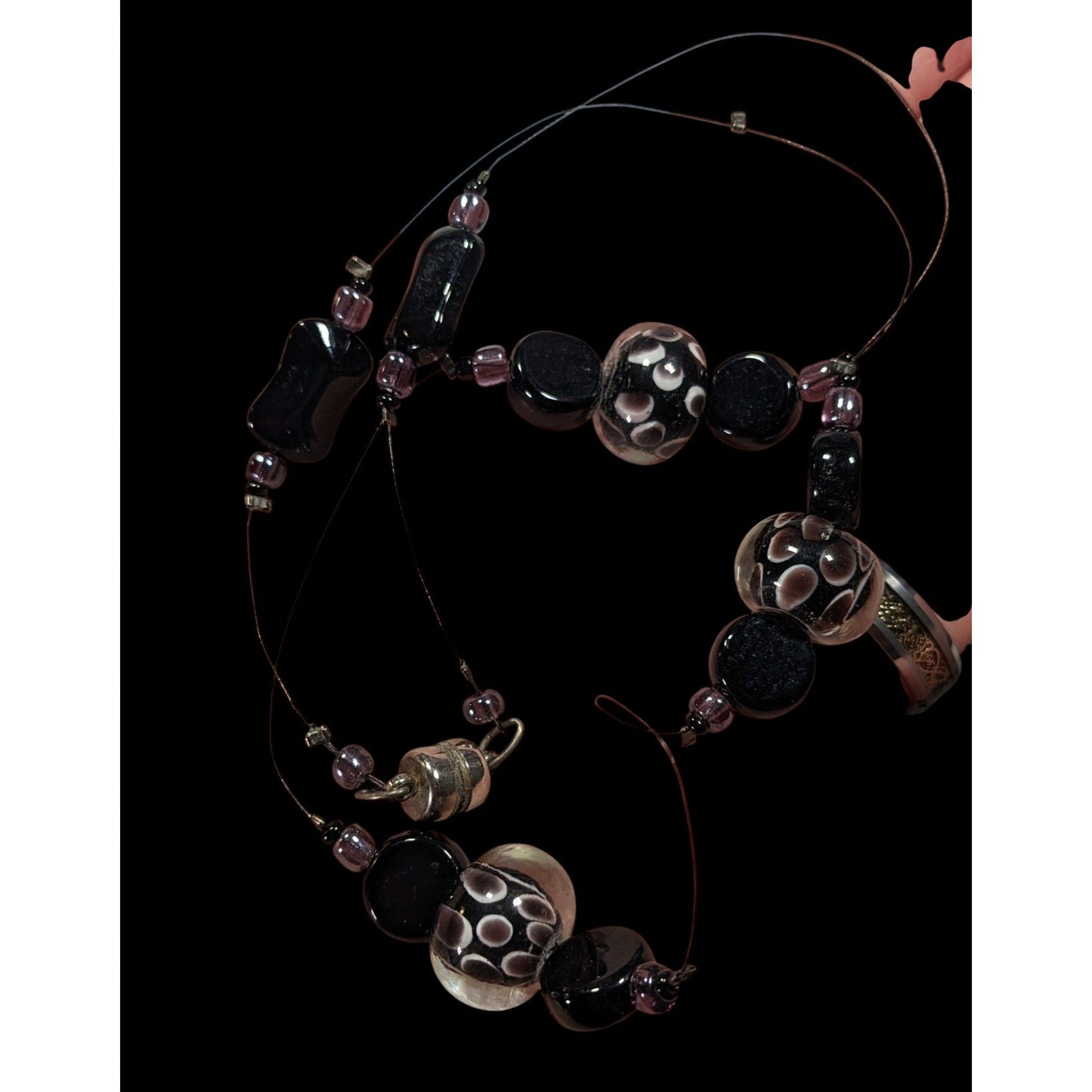 Elegant Lamp Work Glass Beaded Black And Silver Tone Station Necklace